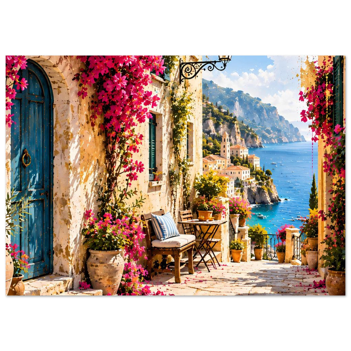 Mediterranes Küstenposter mit Bank, Blumentöpfen und pinken Blüten entlang eines Gassenwegs