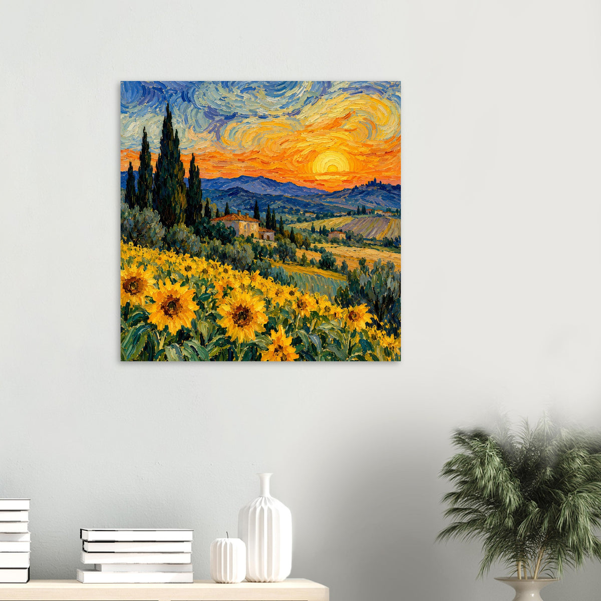 Kleines Poster: Sonnenuntergang über Sonnenblumen, orangefarbener Himmel, blaue Landschaft und Sonne