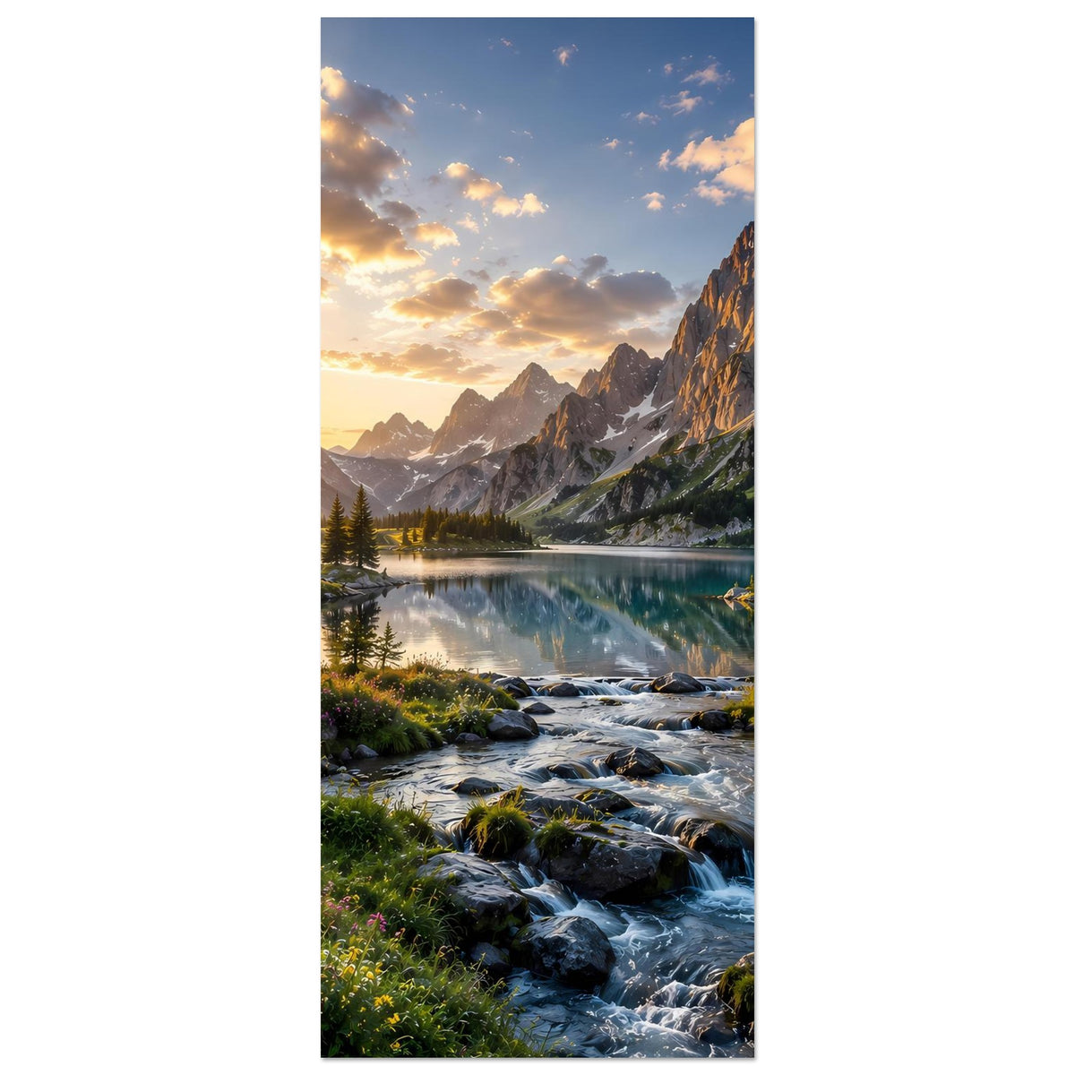 Vertikales Sonnenaufgangs-Landschaftsposter: Berge, See und Gebirgsbach mit Tannen