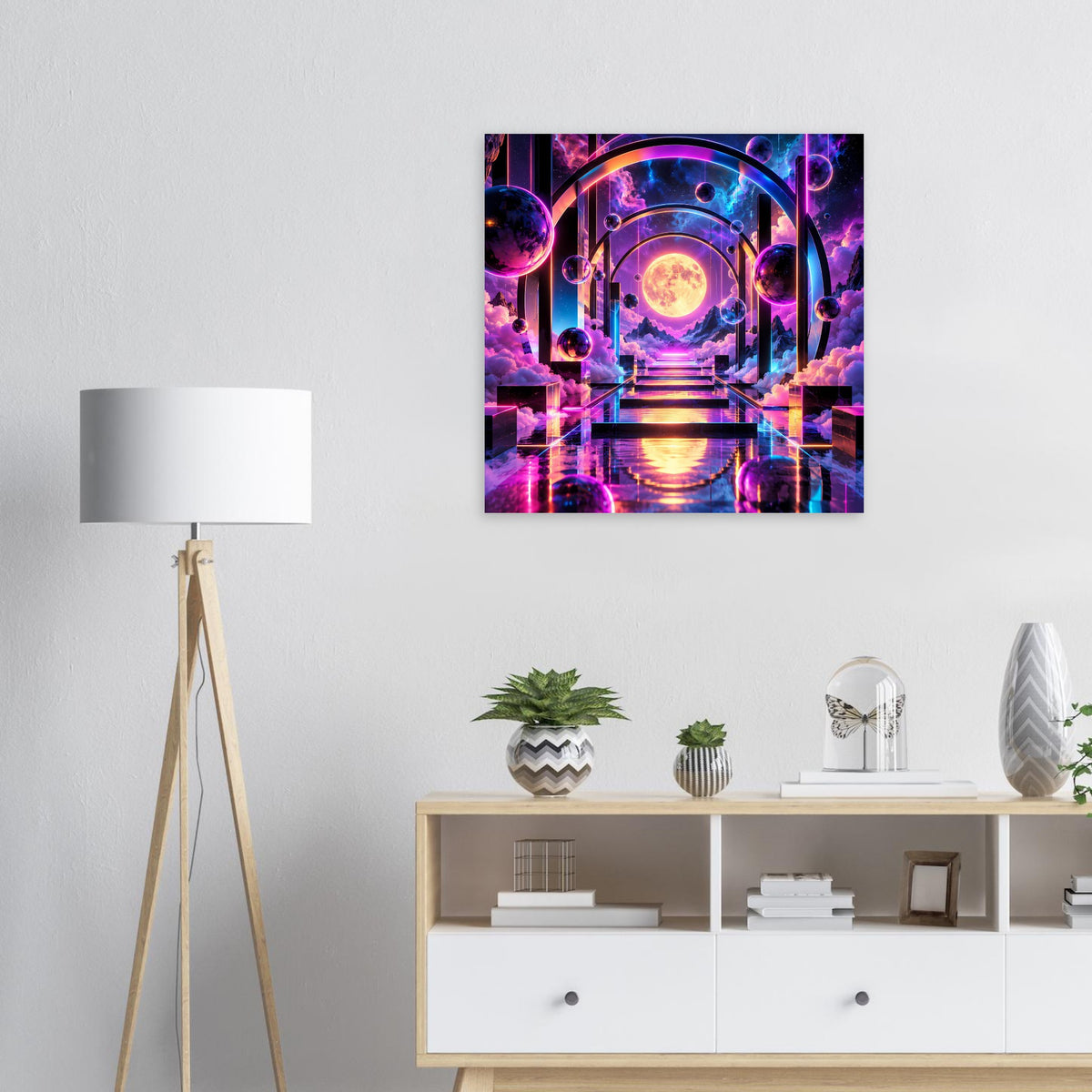 Weltraumportal-Poster mit leuchtender Treppe, Planeten und violett-blauer Farbgestaltung
