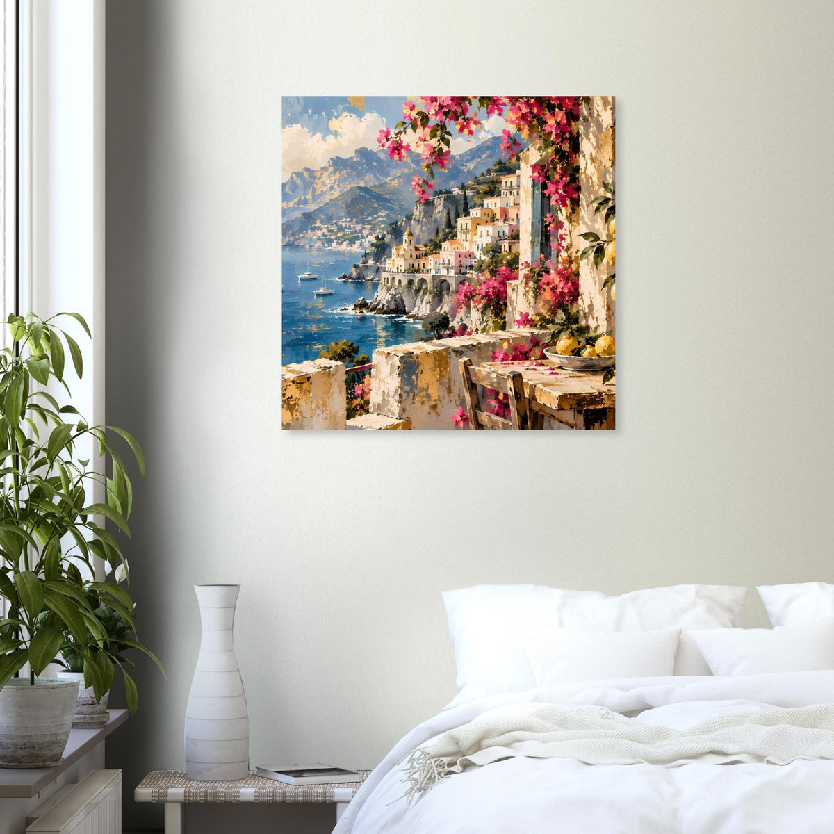 Wandposter mit Küstenstraße, Meer und Blumenkranz aus Pink und Rot