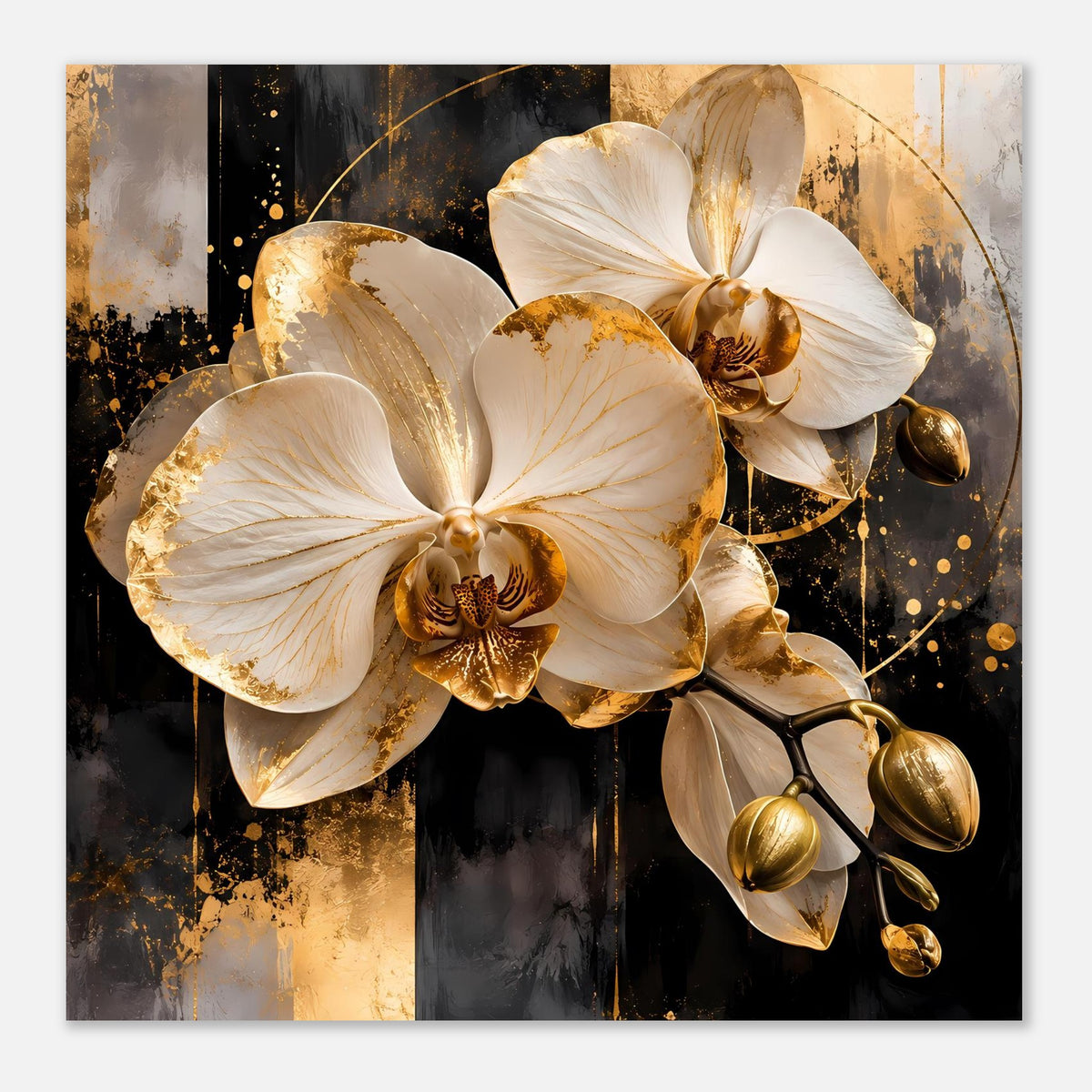 Rechteckiges Poster mit weißen Orchideenblüten und goldenen Kugeln, dunkles Design