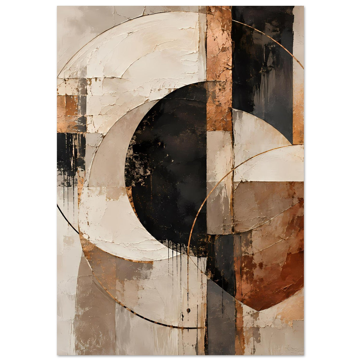 Hochformatiger Kunstdruck mit ovaler schwarzer Form, weißen Bögen und dunklen Braunflächen