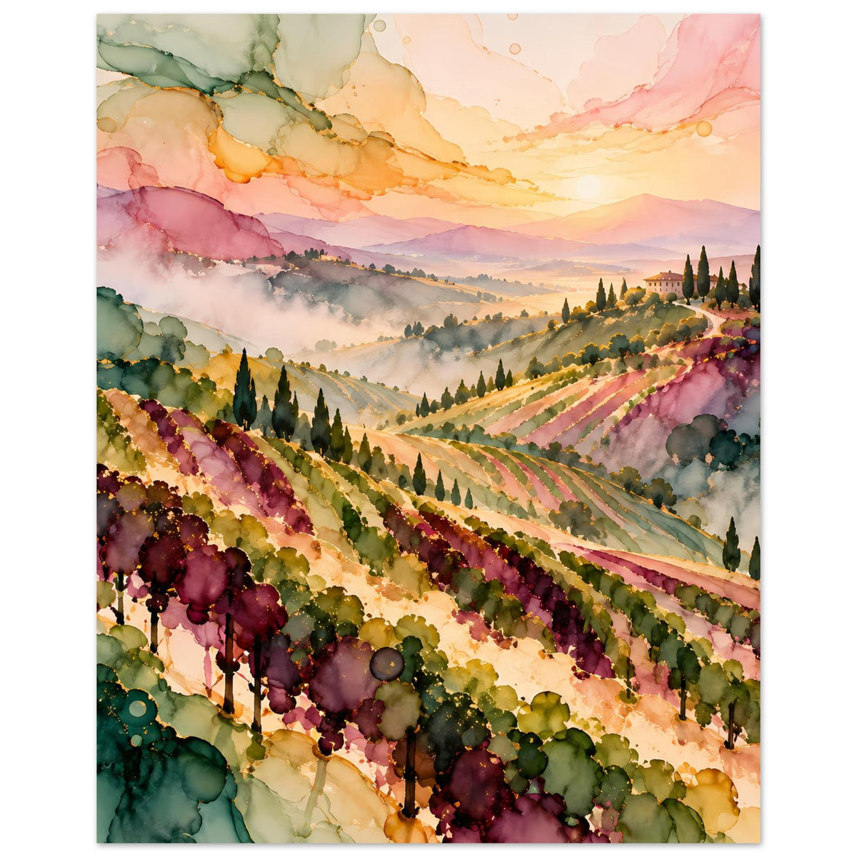 Hochformatiges Landschaftsposter mit Weinbergen, pastellige Farben, Rebhänge und Nebel