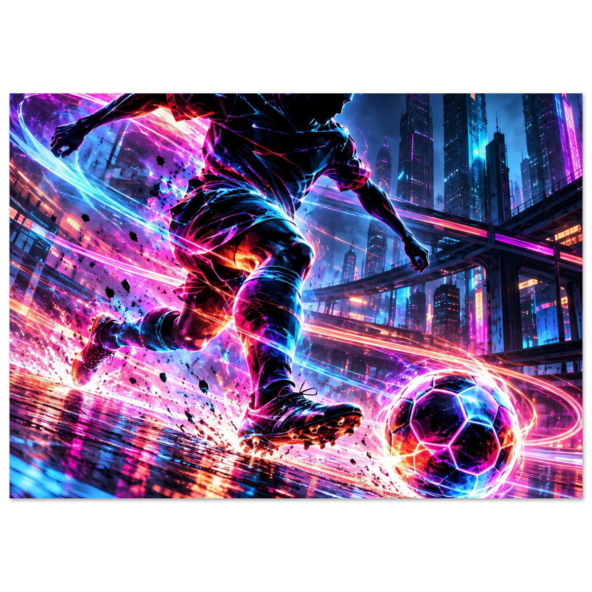 Neon-Soccer-Actionposter im Querformat: Fußballer-Action, Neonbogen, futuristische Skyline