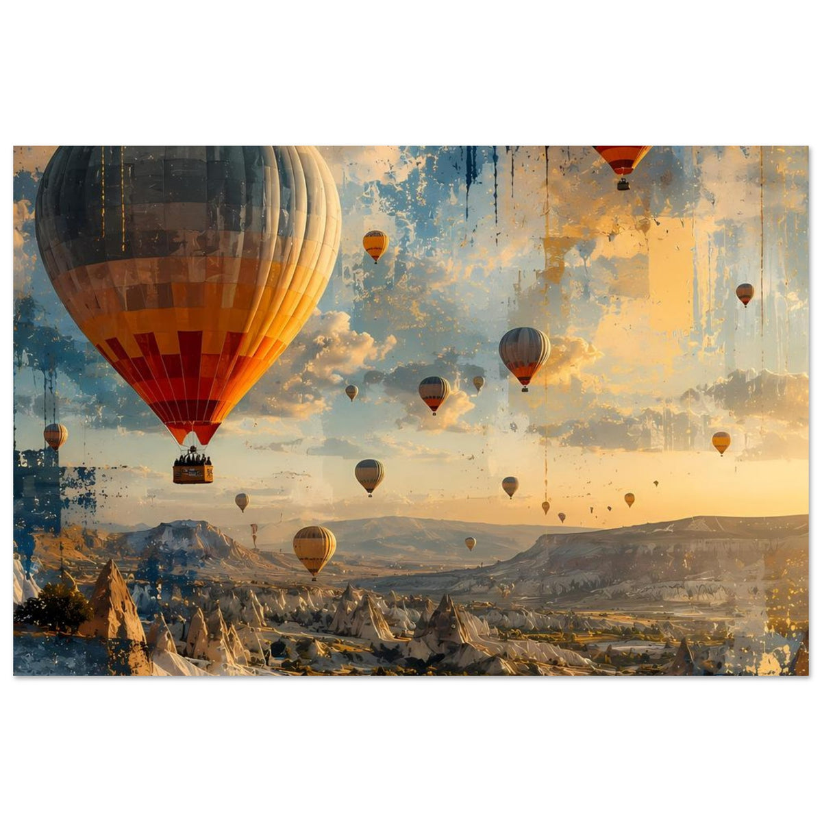 Landschaftsposter mit Heißluftballons: Ballon links vorn, weitere Ballons im goldenen Himmel