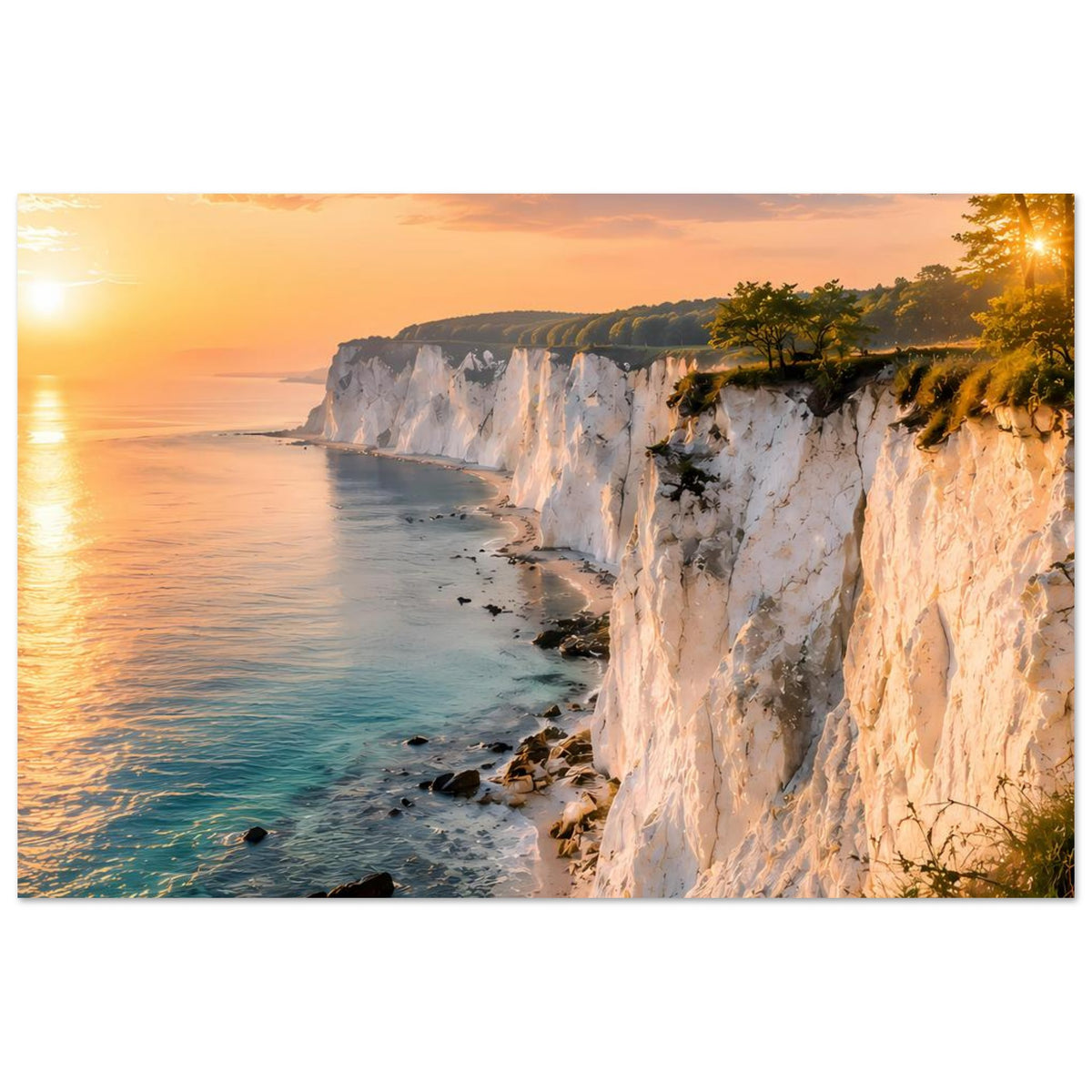 Wandposter im Querformat: Steilküste am Meer bei Sonnenaufgang, türkisfarbenes Wasser und Felsen