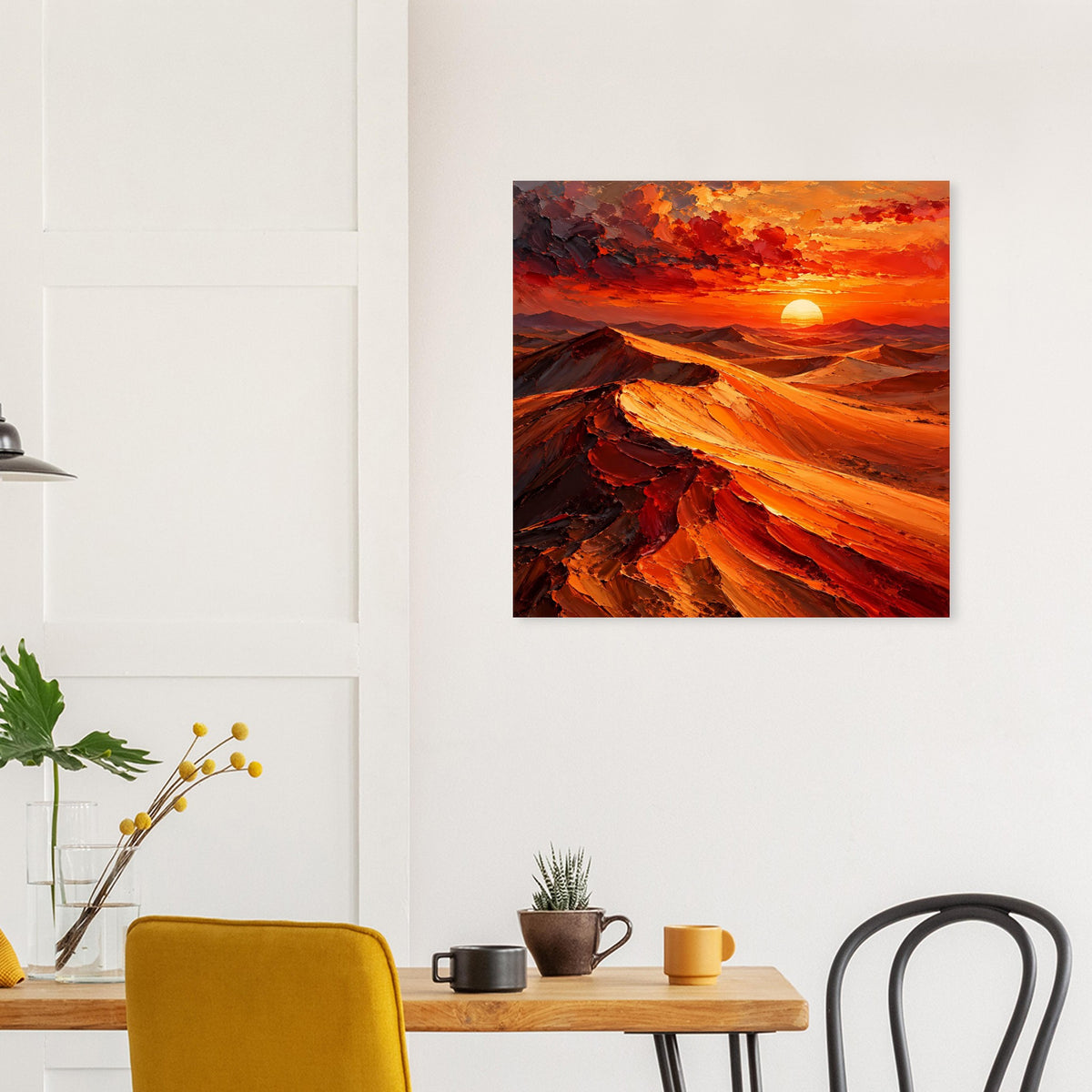 Poster an der Wand: Wüstenlandschaft mit leuchtender Sonne, Rot- und Orangetöne