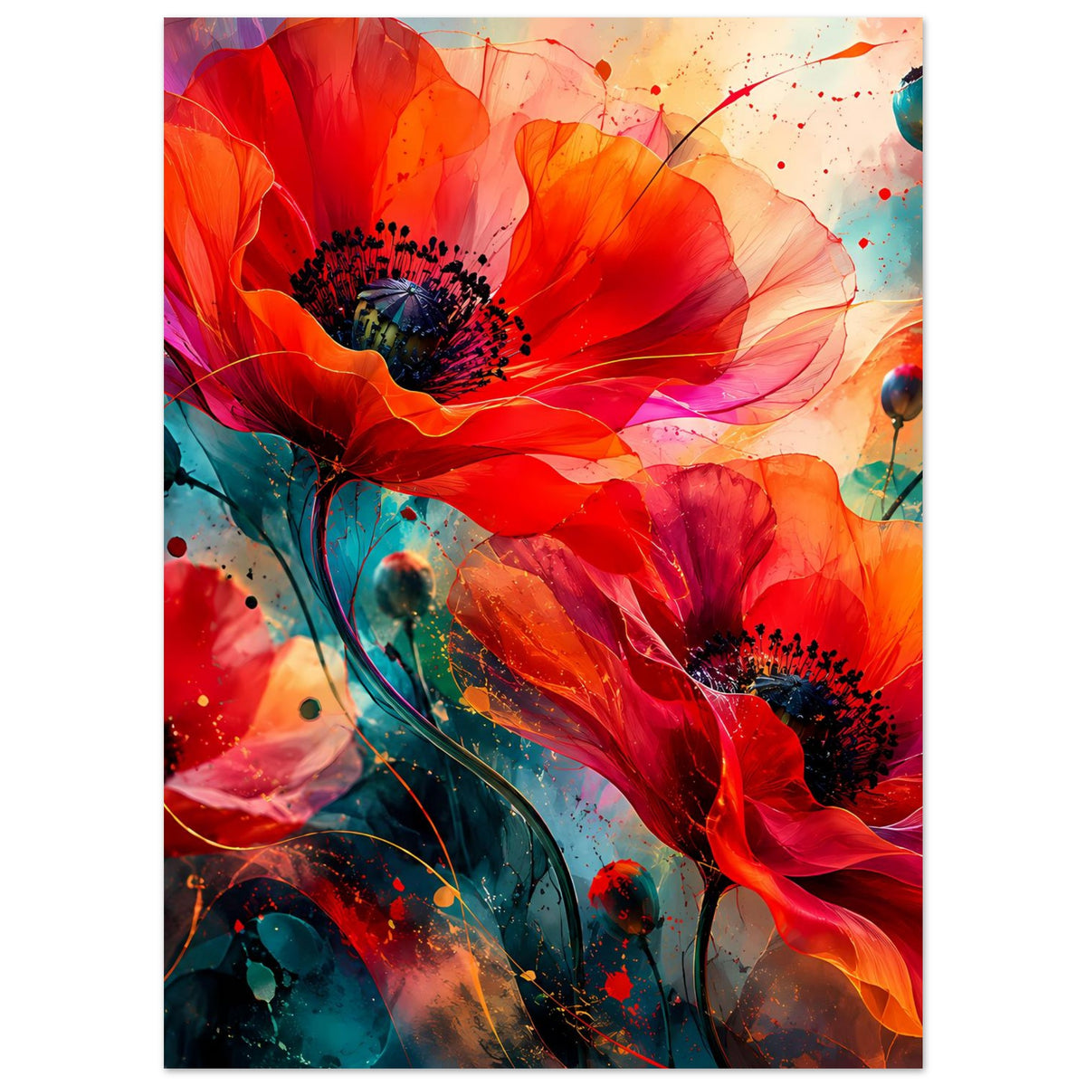 Abstraktes Blumen-Kunstposter, rote und orange Blüten mit türkisfarbenen Akzenten und Punkten