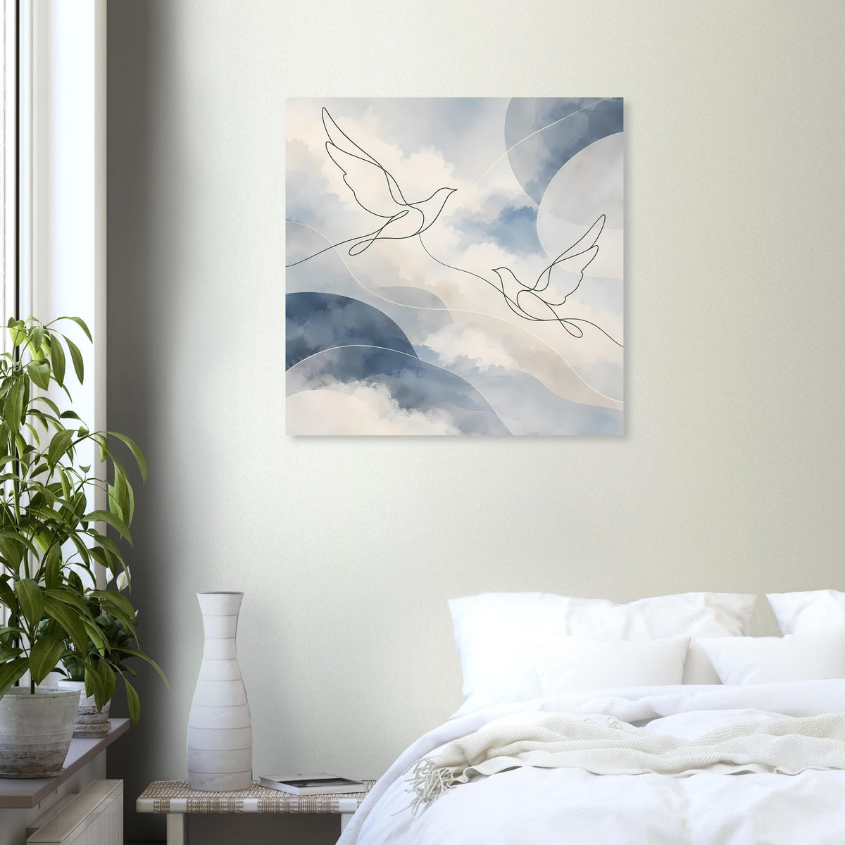 Quadratischer Kunstdruck mit Friedenstauben-Fadenlinie, Wolken und sanften Blautönen