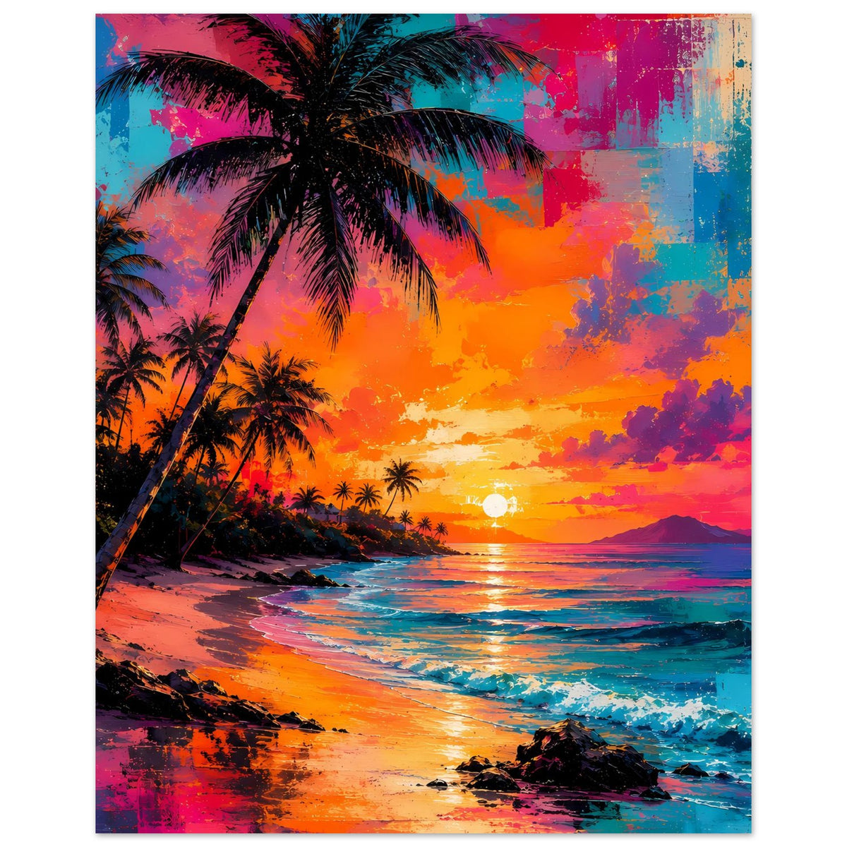 Hochformat-Poster: Neon-Palmenstrand mit Sonnenuntergang, tropischem Himmel und Küste