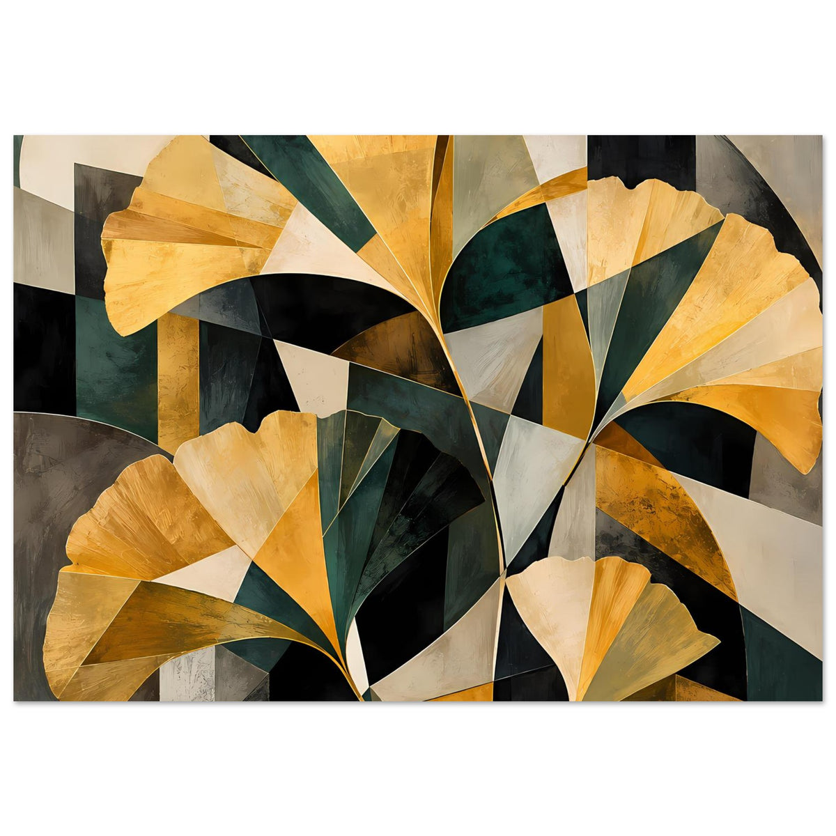 Abstraktes Floral-Poster im Querformat mit goldenen und tiefgrünen Blättern, Schwarz-Weiß-Akzenten