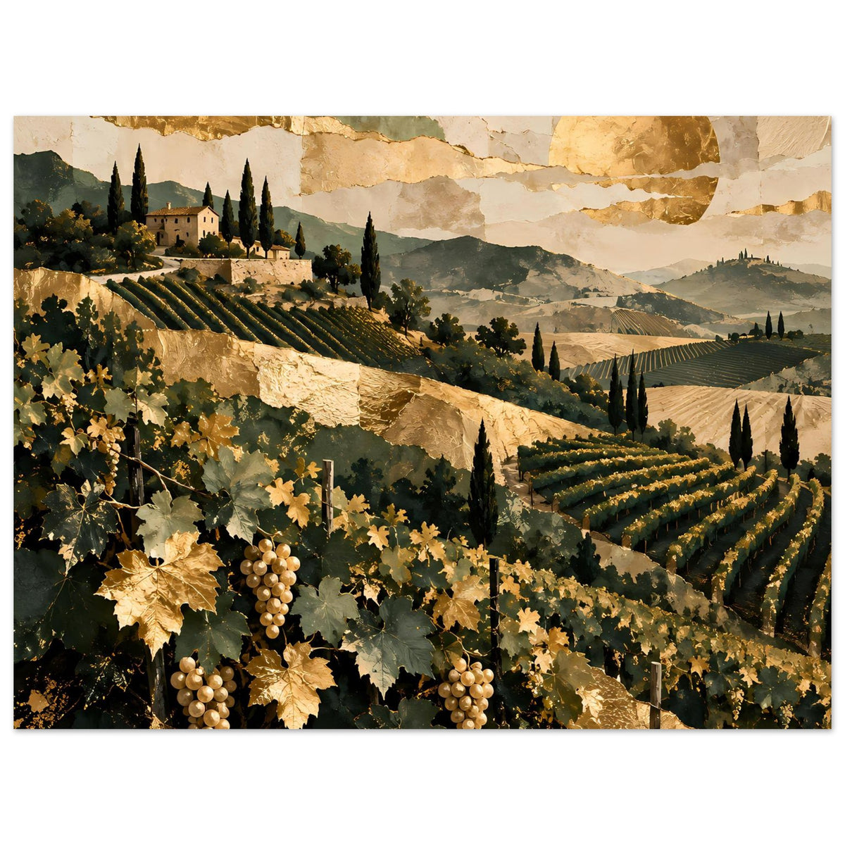 Querformat-Poster mit toskanischen Weinbergen, goldenen Reben, Trauben und Landschaft