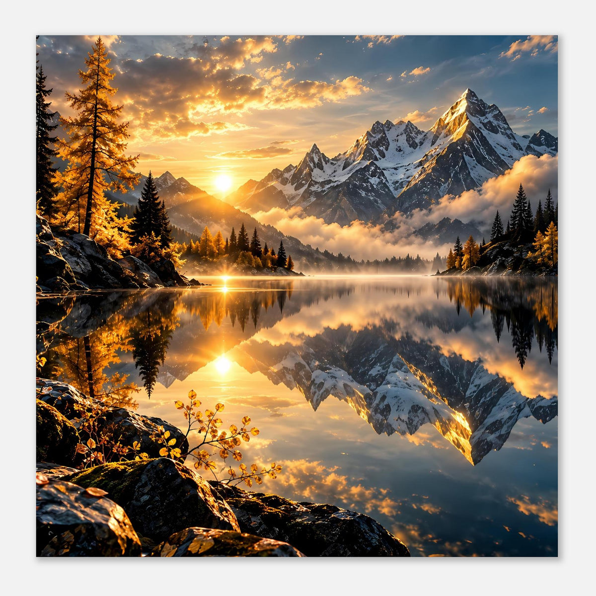 Wandposter in Weißrahmen mit goldenem Sonnenaufgang, Bergen, Tannen und Spiegelung
