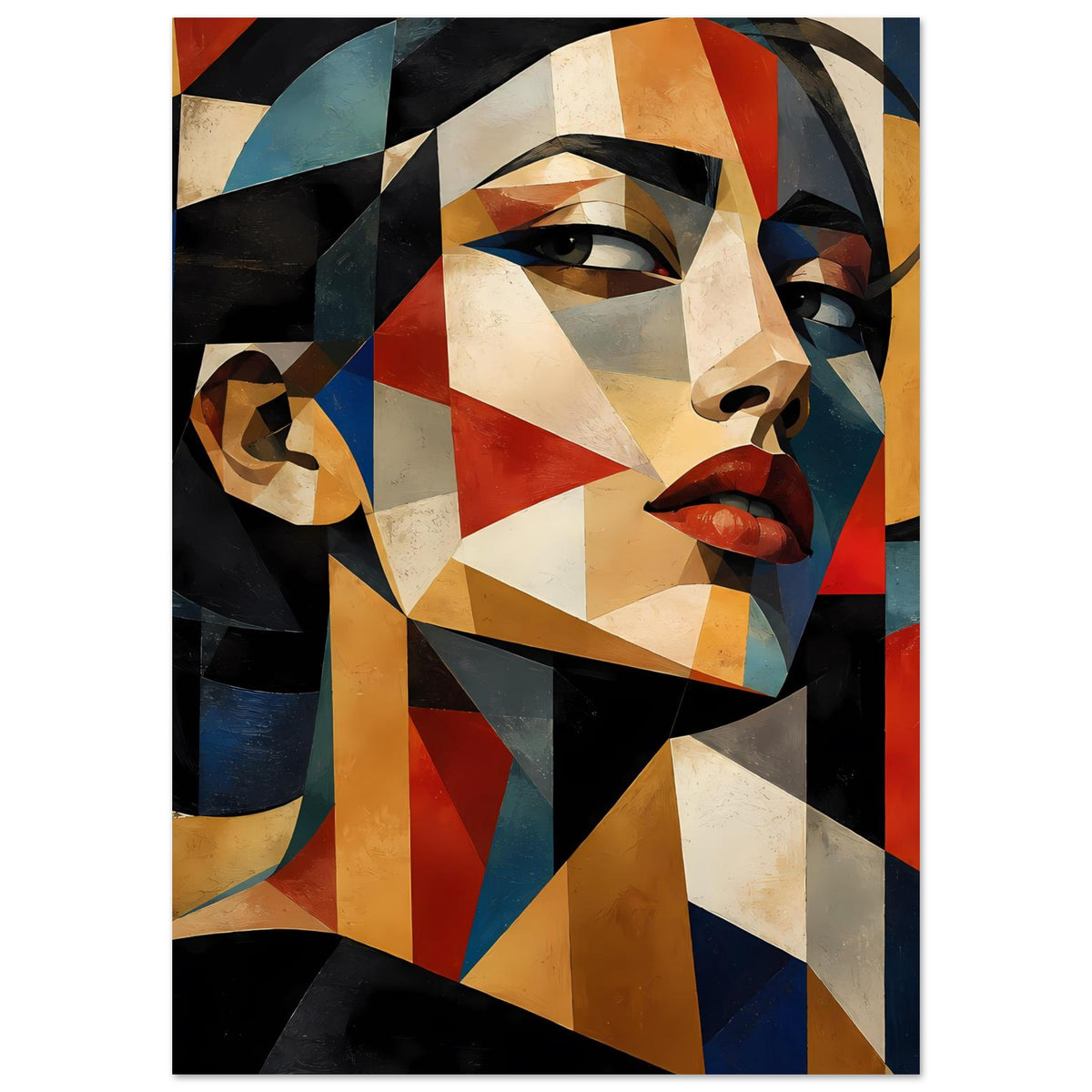 Geometrisches Porträtposter, vertikal: geometrische Gesichtspartien mit roten Lippen und Blau