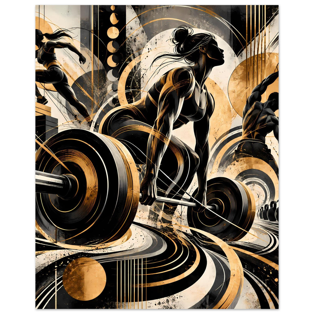 Fitness-Action Poster, Nahansicht Athlet mit Langhantel und Kraftspuren in Gold und Schwarz