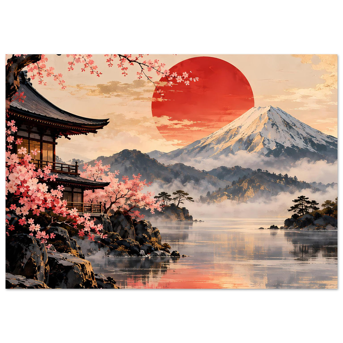 Poster mit japanischem Landschaftsmotiv: Kirschblüten, Felsufer, Berg, See, roter Halbmond