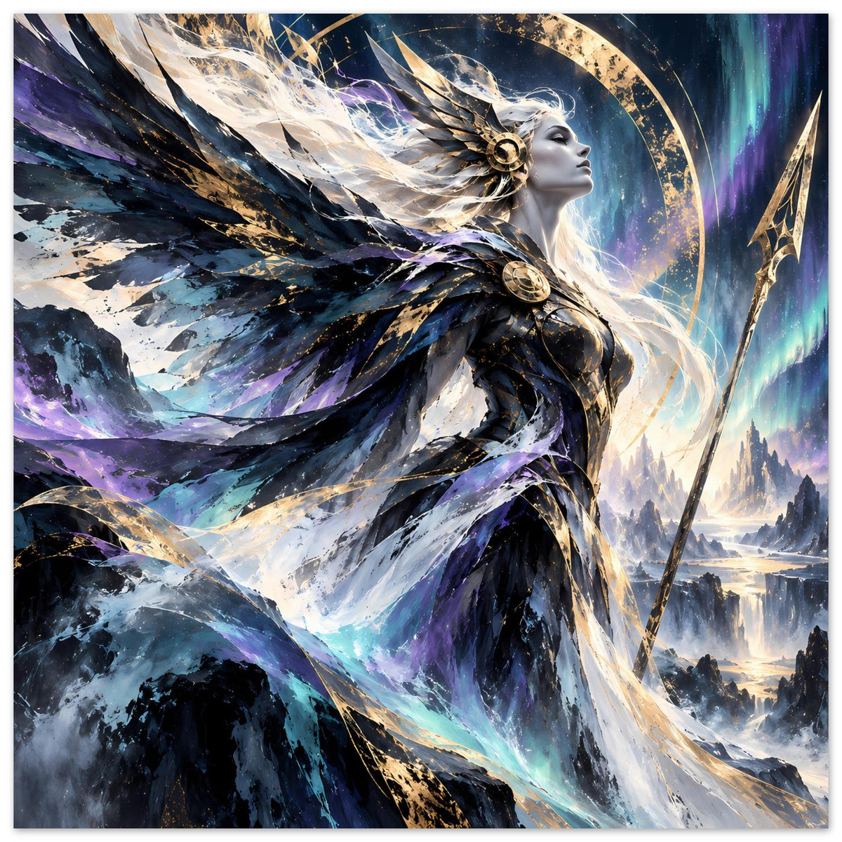 Fantasy-Göttin-Poster, horizontal: Göttin mit Flügeln und leuchtendem Lichtbogen, violett-blau.
