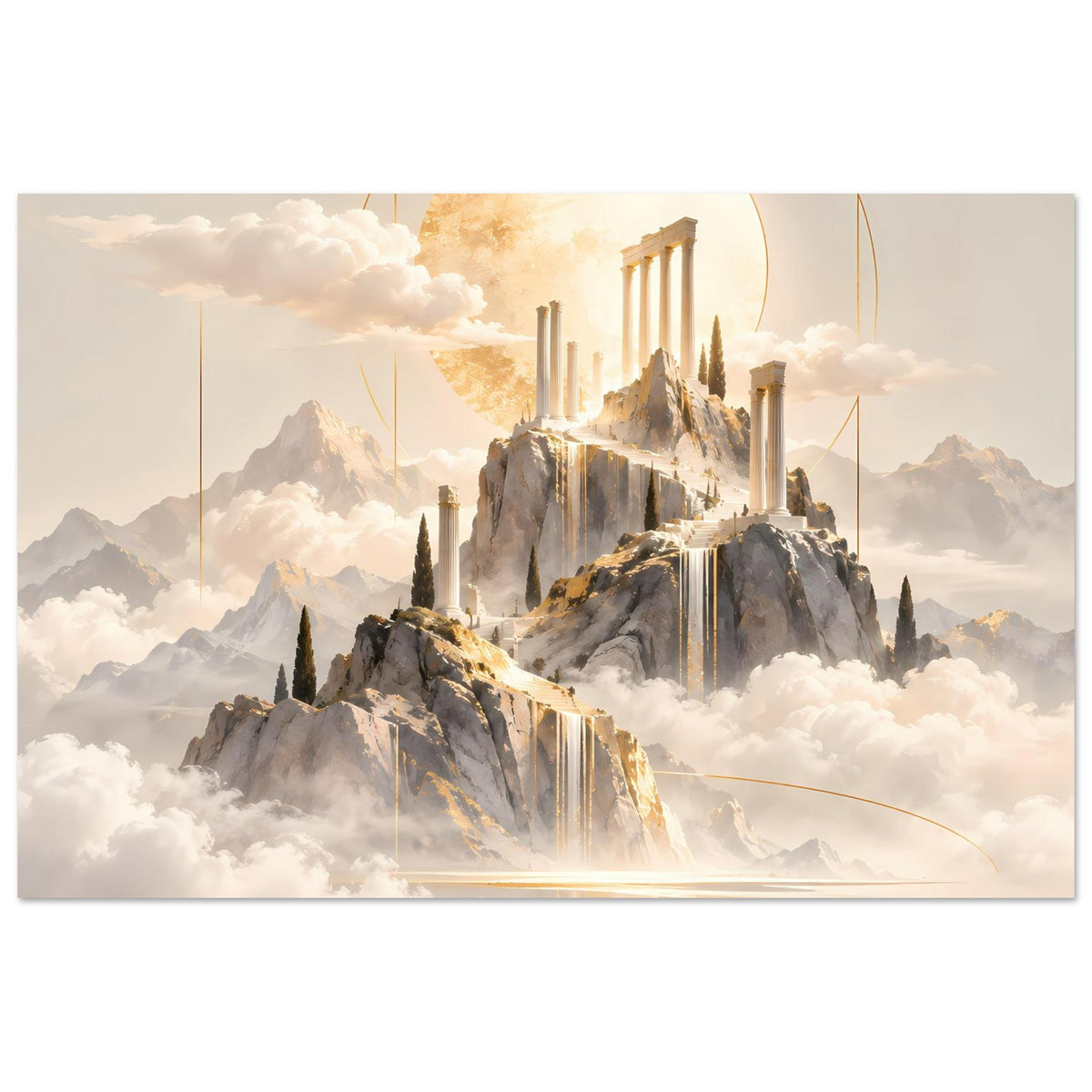 Querformat-Poster: goldener Sonnenbogen über Tempelsäulen, Berge, Nebel und Wolken