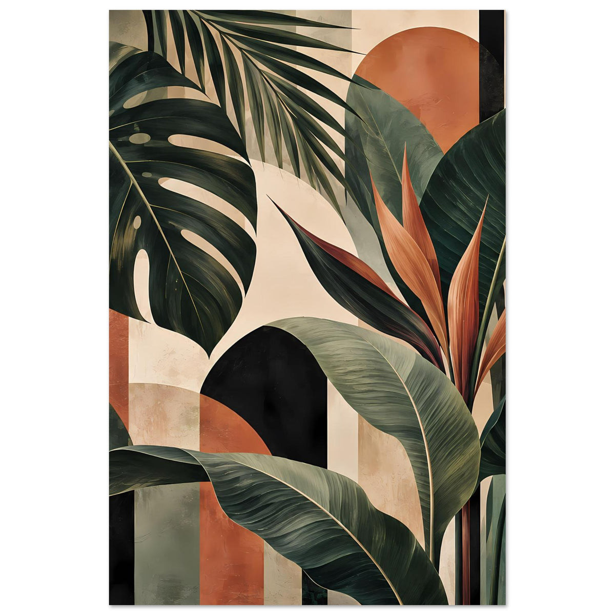 Botanisches Kunstposter mit tropischen Blättern in Grün und Orange, Hochformat im schwarzen Rahmen