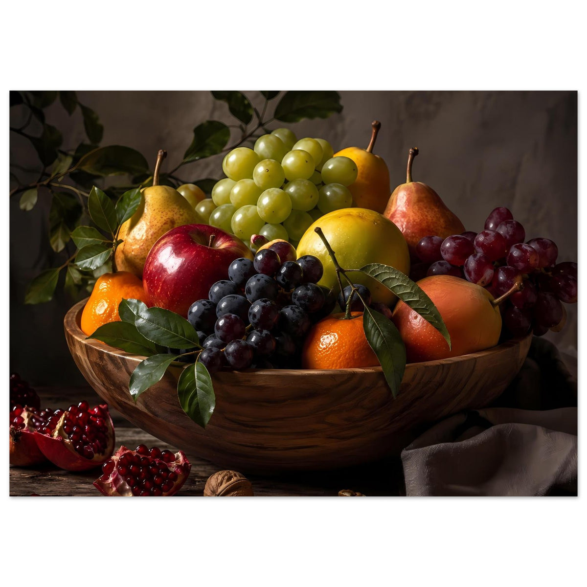 Poster mit Früchtekorb: Holzschale mit grünem und rotem Obst, u. a. Trauben und Äpfel