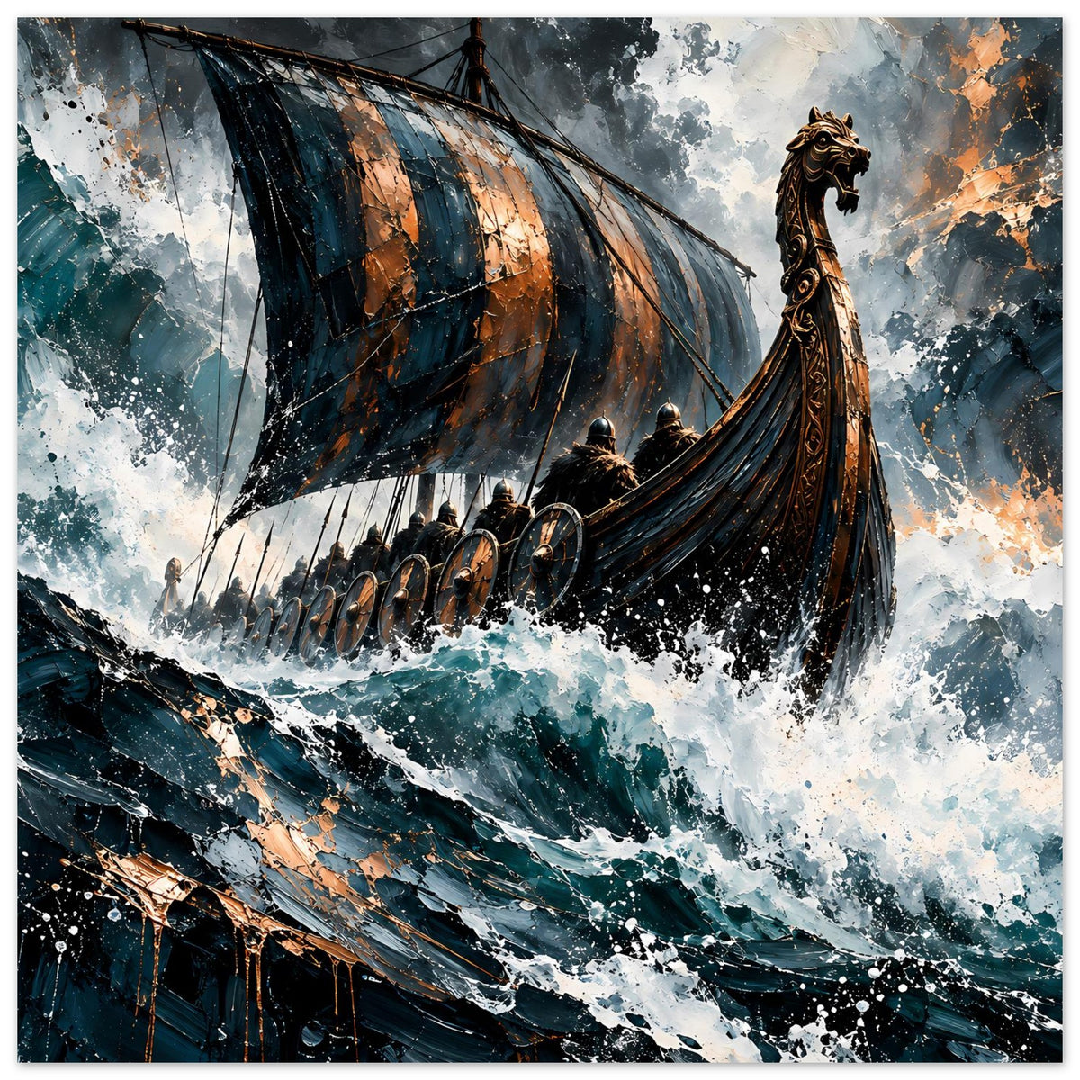 Wikingerschiff-Poster mit stürmischen Wellen, Segeln und Krieger im Vordergrund