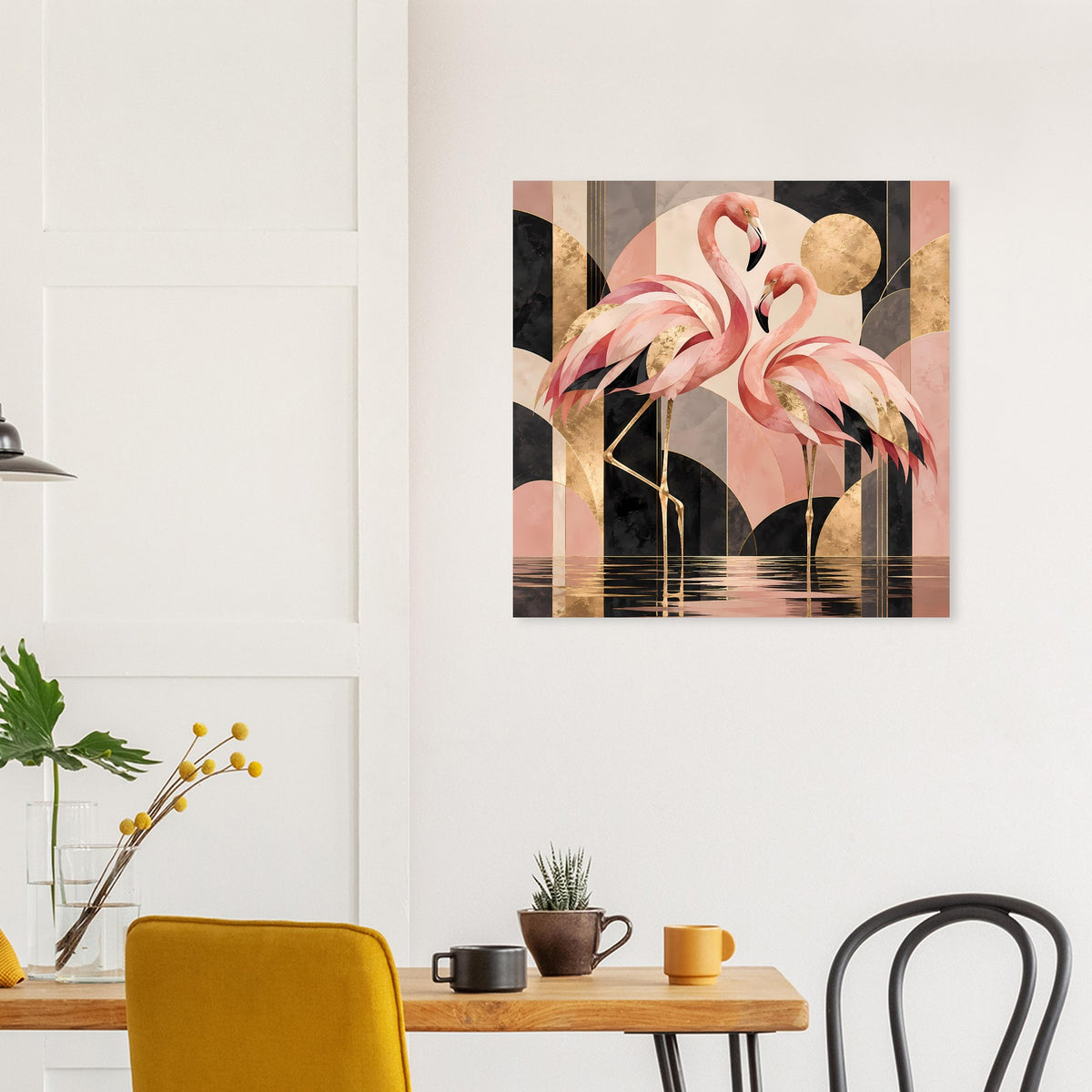 Quadratisches Flamingo-Poster mit rosa Federn, goldenen Akzenten und Kreisformen