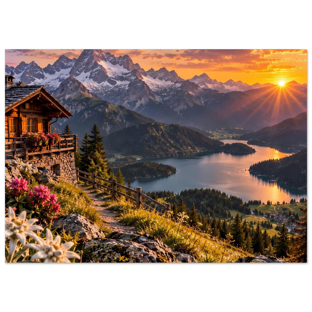 Horizontales Poster mit Alpenlandschaft bei Sonnenuntergang, Sonne rechts, Berge und See