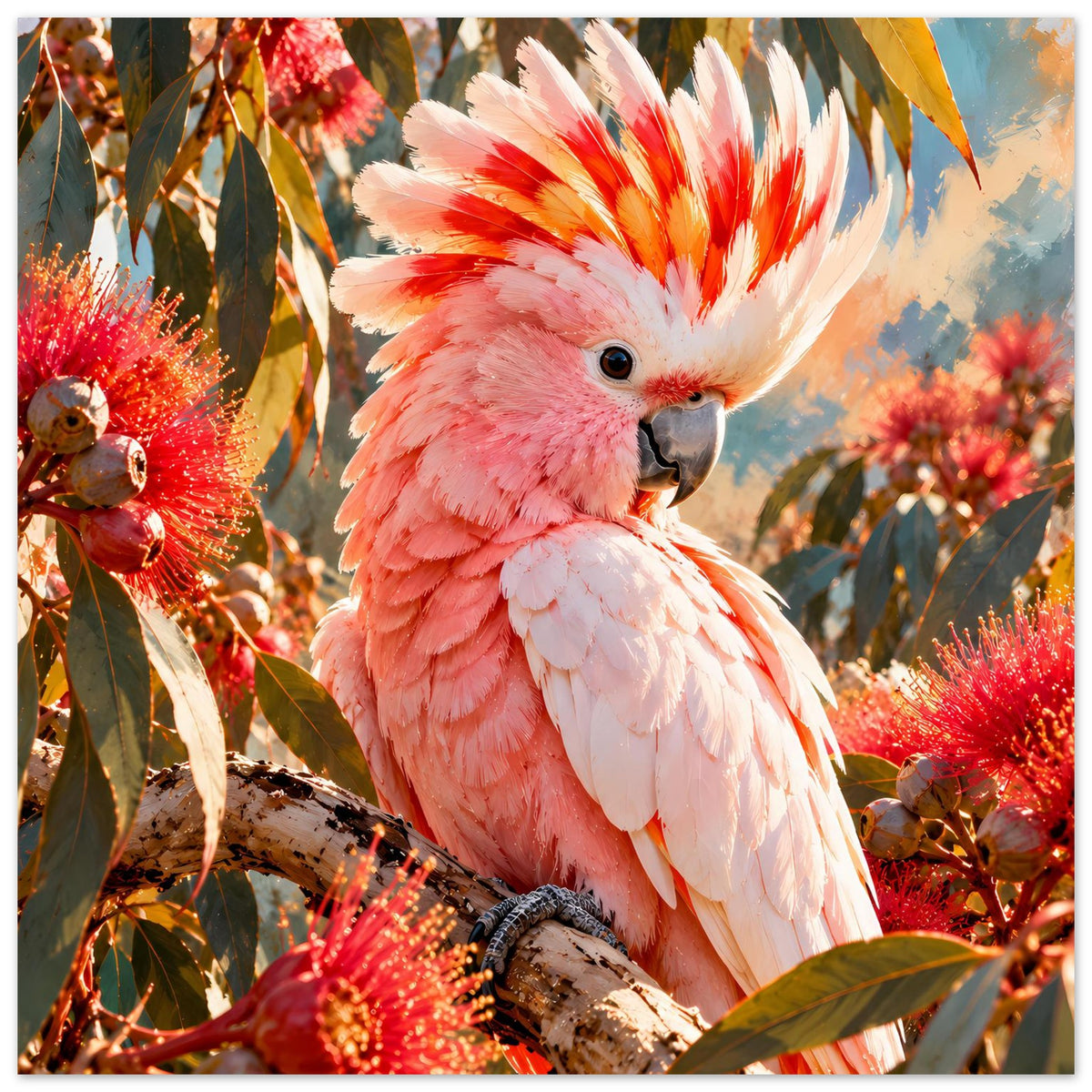 Poster mit rosa-weißem Kakadu zwischen Blättern und Blüten, auf einem Ast