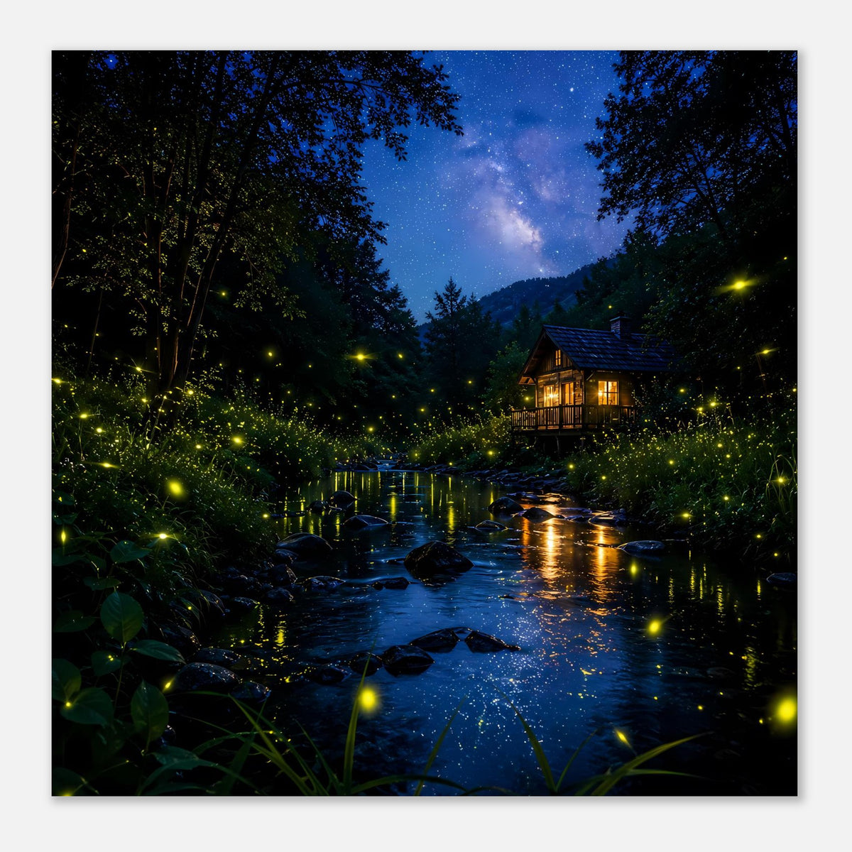 Poster: Nachtwald-Bach mit beleuchteter Hütte und leuchtenden Glühwürmchen