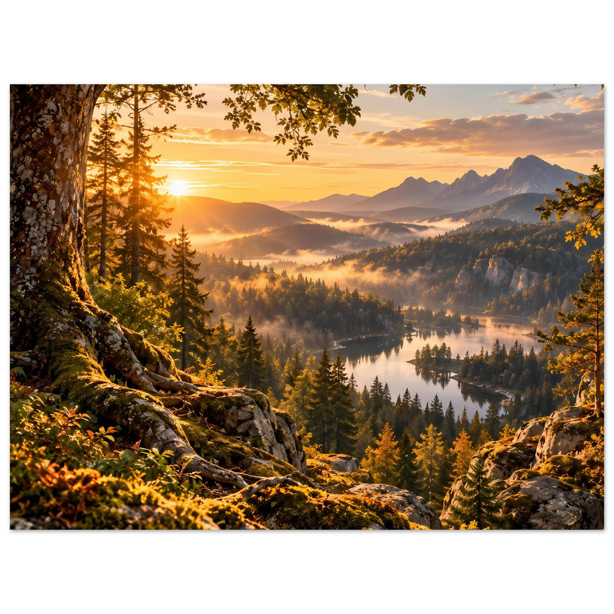 Landschaftsposter mit goldenem Licht, Bergkette, See und Nadelwald im Nebelmeer