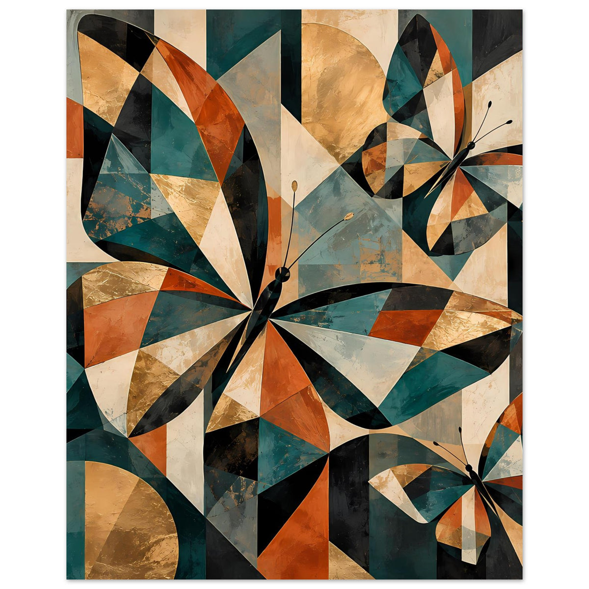 Kunstposter im Hochformat: geometrische Schmetterlinge in warmen Erdtönen und Türkis