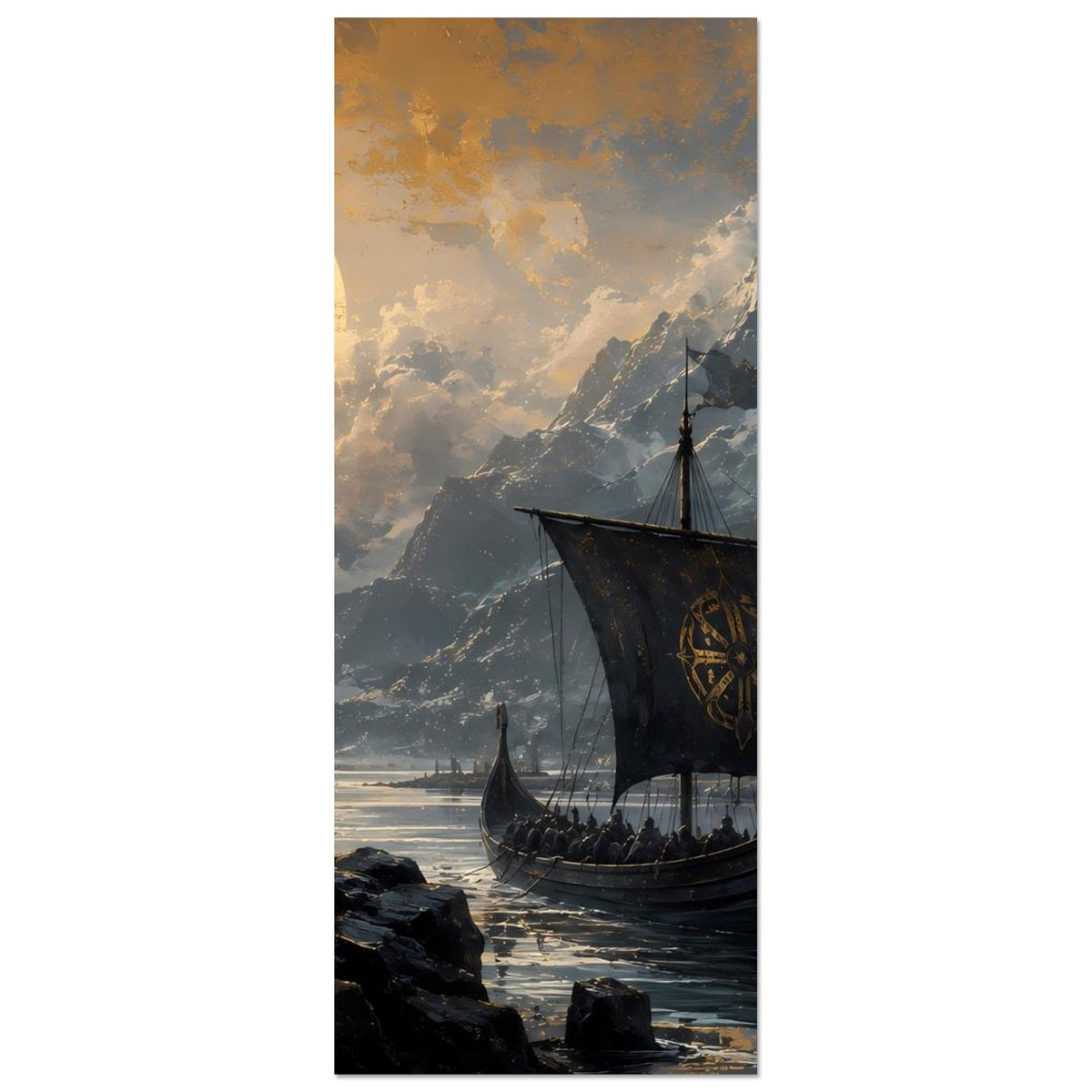 Poster mit Vikingkrieger, rundem Schild und Langschiff vor schneebedeckten Bergen