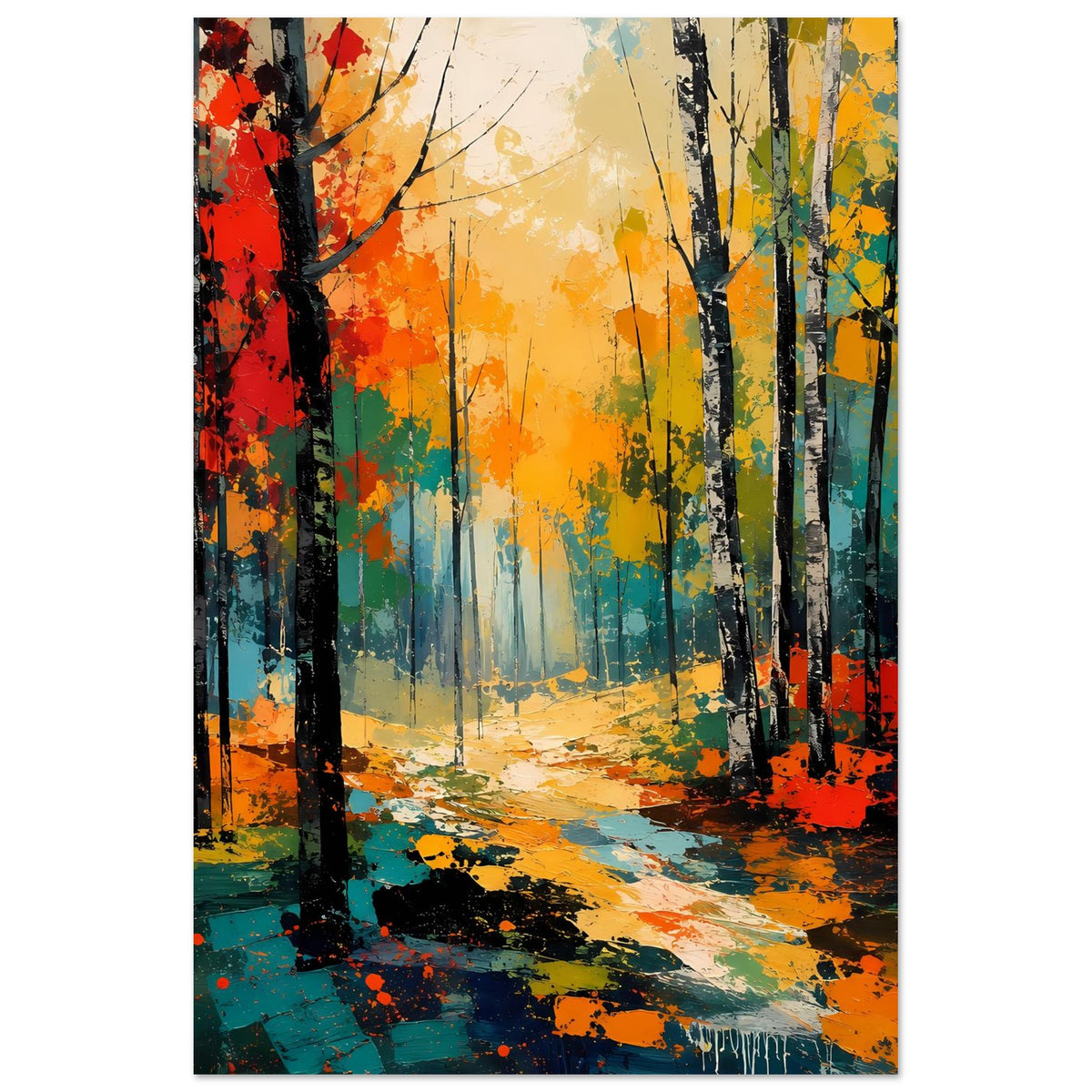 Wandposter im Hochformat: abstrakter Herbstwald mit orange-gelben Lichtstrahlen und Pfad