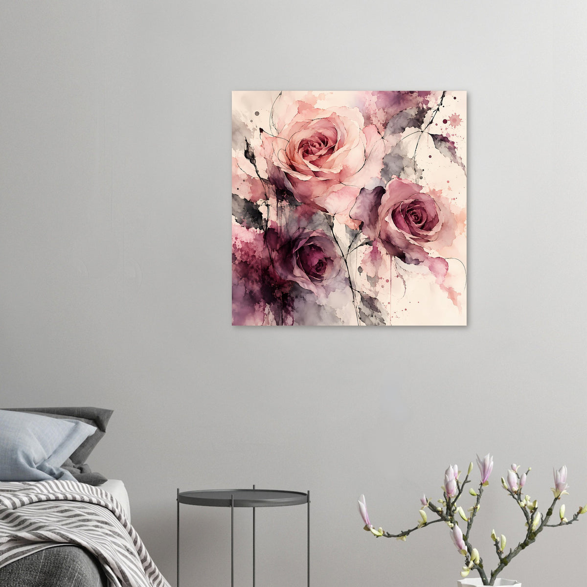Kleines Wandposter mit Aquarell-Rosen in Rosa und Violett, vertikal.