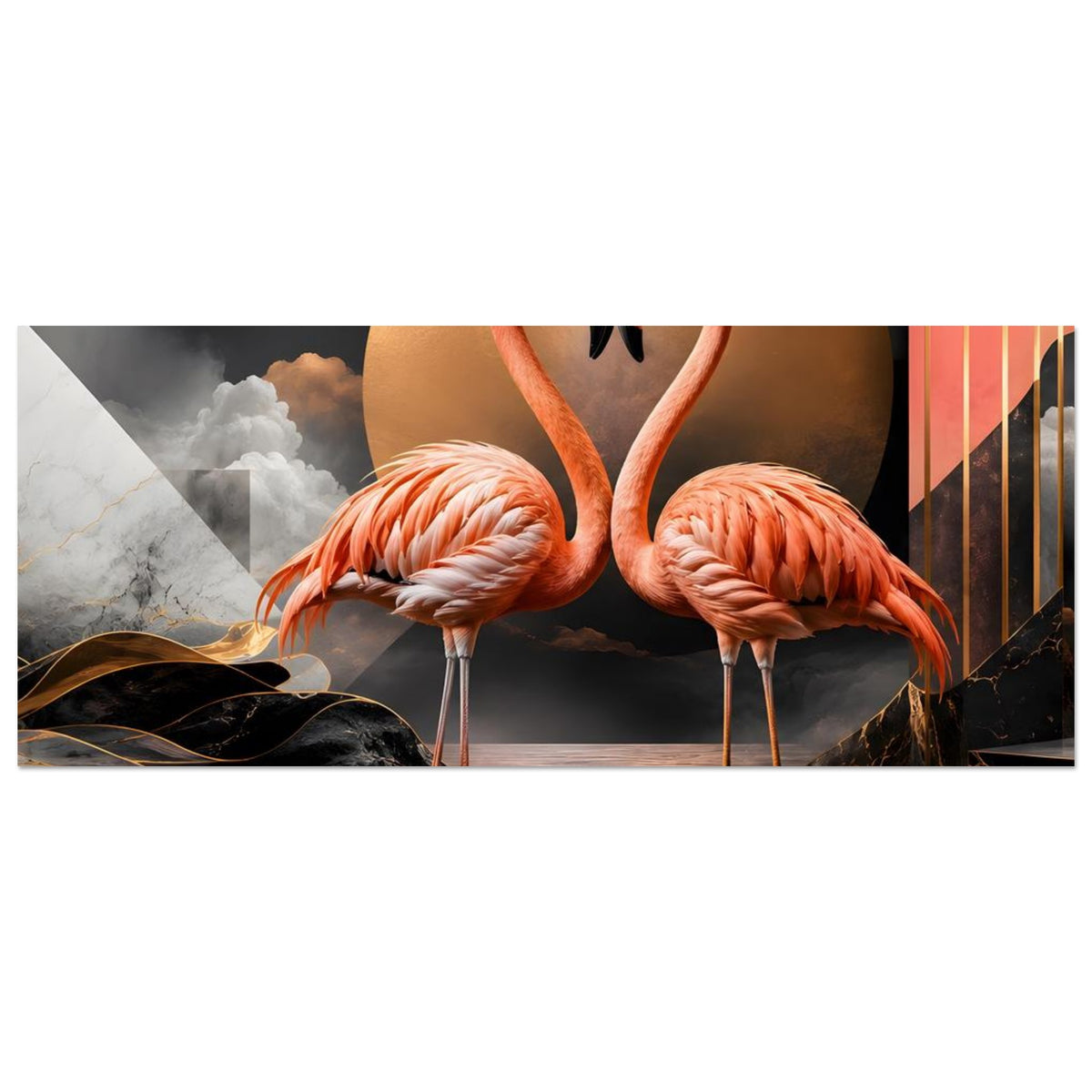 Horizontales Poster mit zwei Flamingos, goldenem Kreis und schwarzen Details