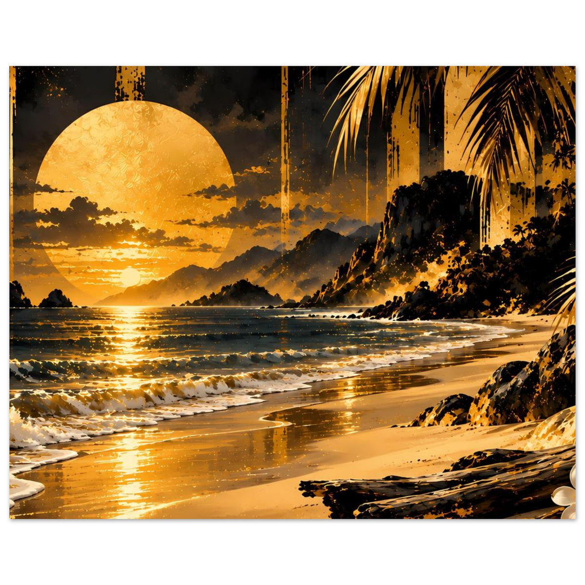 Breites Querformat-Poster: Sonnenuntergang am Strand, goldenes Meer und Sandwege