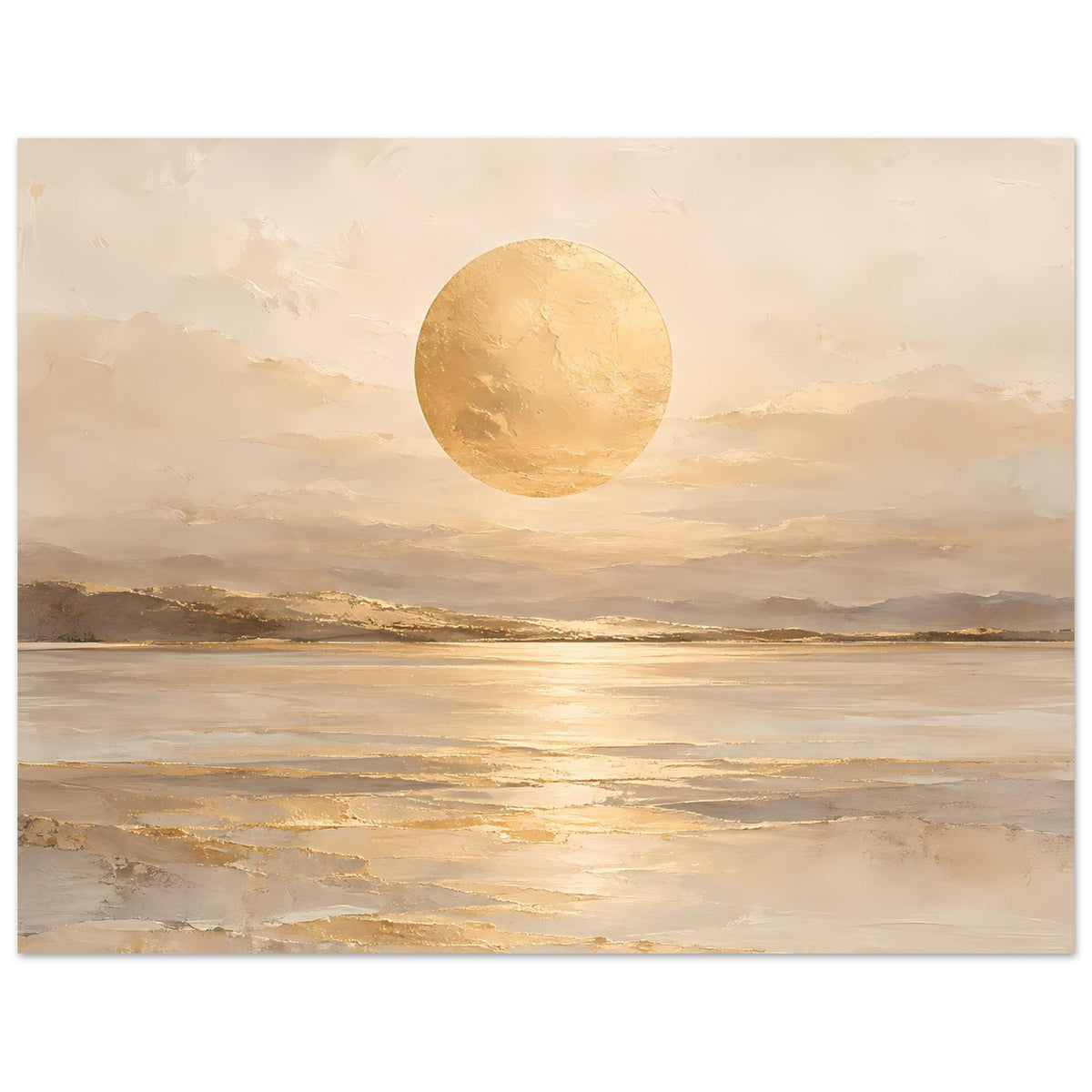 Kunstposter im Querformat: beige-goldene Strandszene mit rundem Sonnenmotiv