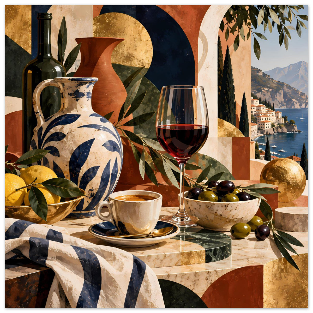 Querformat-Poster mit mediterraner Tischszene: bunte Vase, Weinglas und Oliven in Schale