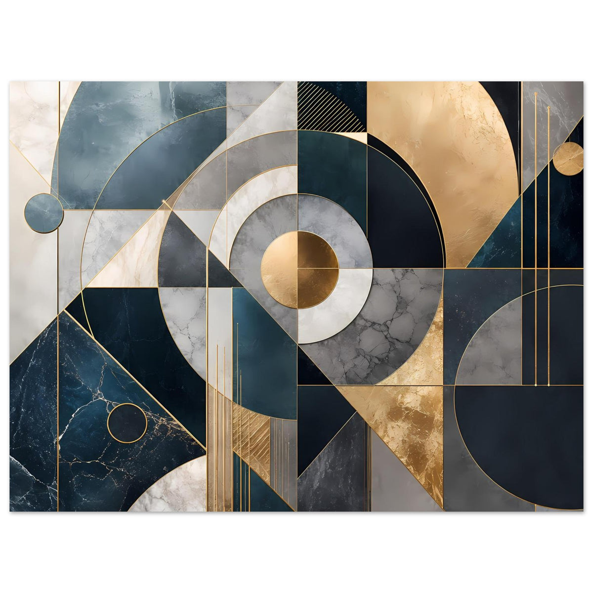 Horizontales Kunstposter mit geometrischen Kreisen, goldenen Streifen und blau-grauen Kontrasten