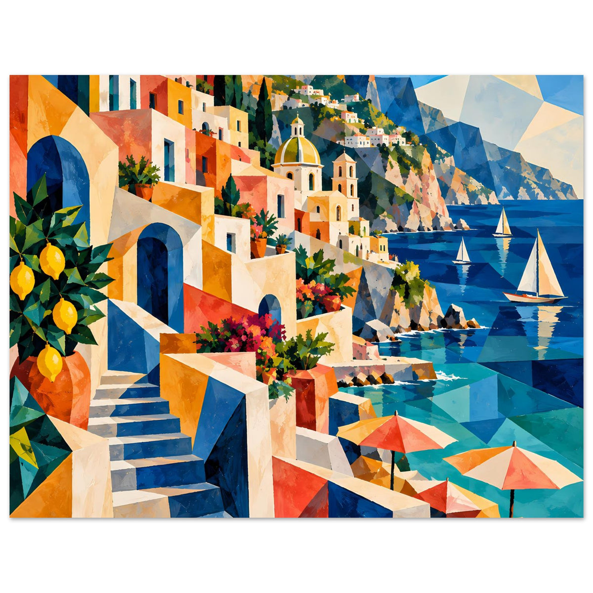 Kunstdruck: mediterrane Küste mit Treppe, Häusern, Meer und Segelbooten in kräftigen Farben