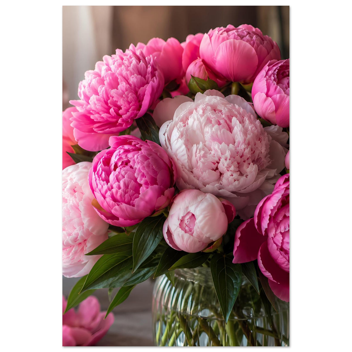 Poster mit Pfingstrosenblüten in verschiedenen Rosa- und Weißtönen in Glasvase