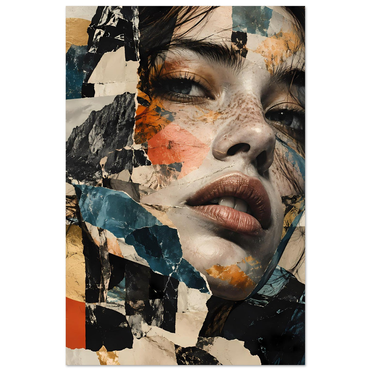 Abstraktes Collage-Porträt einer Frau, Porträt im Collage-Look mit blau-grauen und terrakottafarbenen Flächen