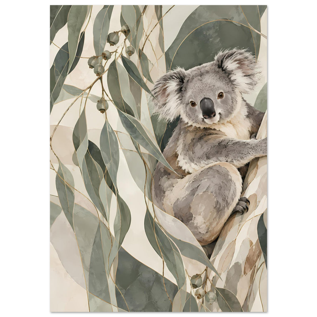 Koala-Tierposter im Hochformat, Nahansicht von Koala und Blattwerk im Erdtöne-Look