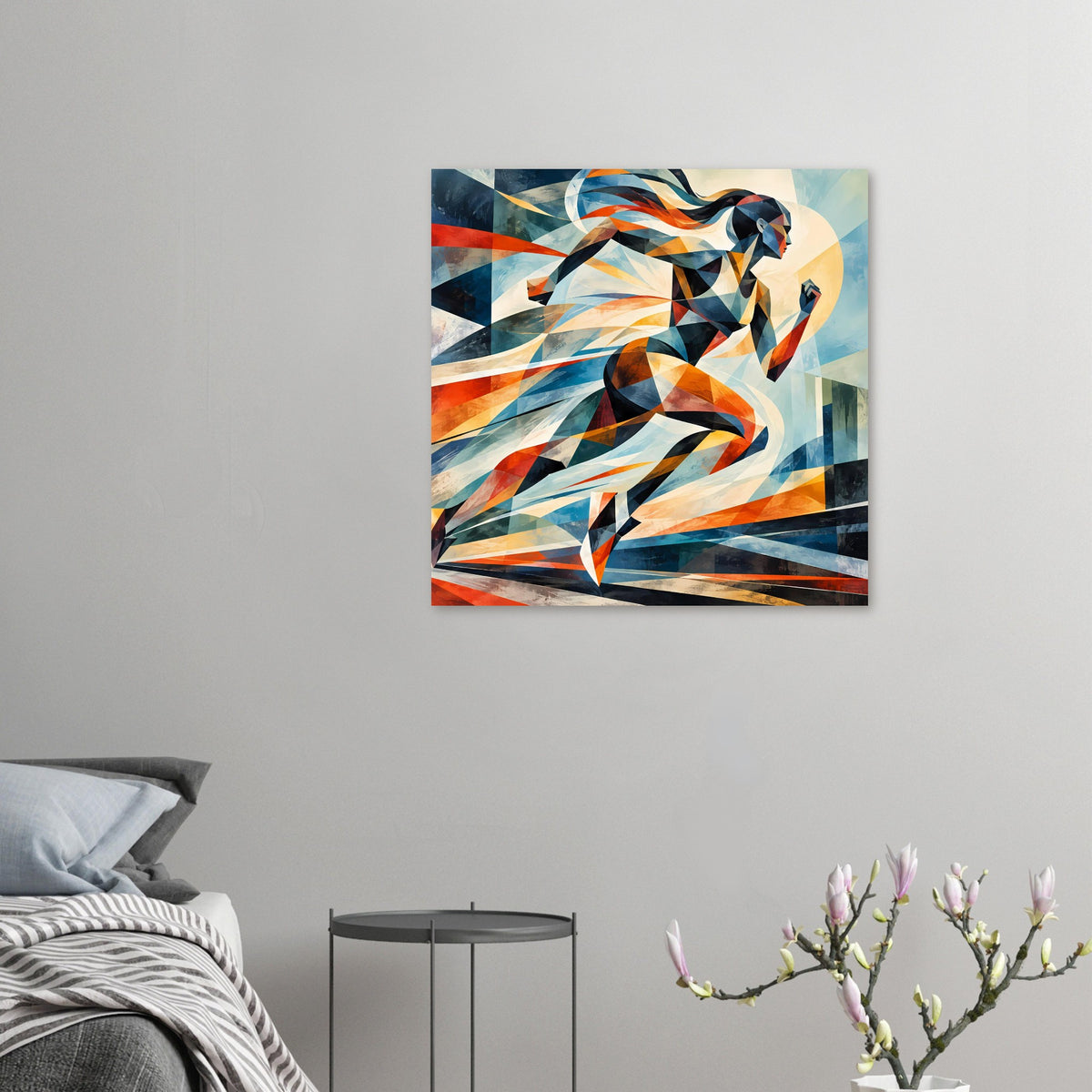 Kleines Quadrat-Poster mit abstrakter Läuferin, geometrische Farben in Blau und Orange