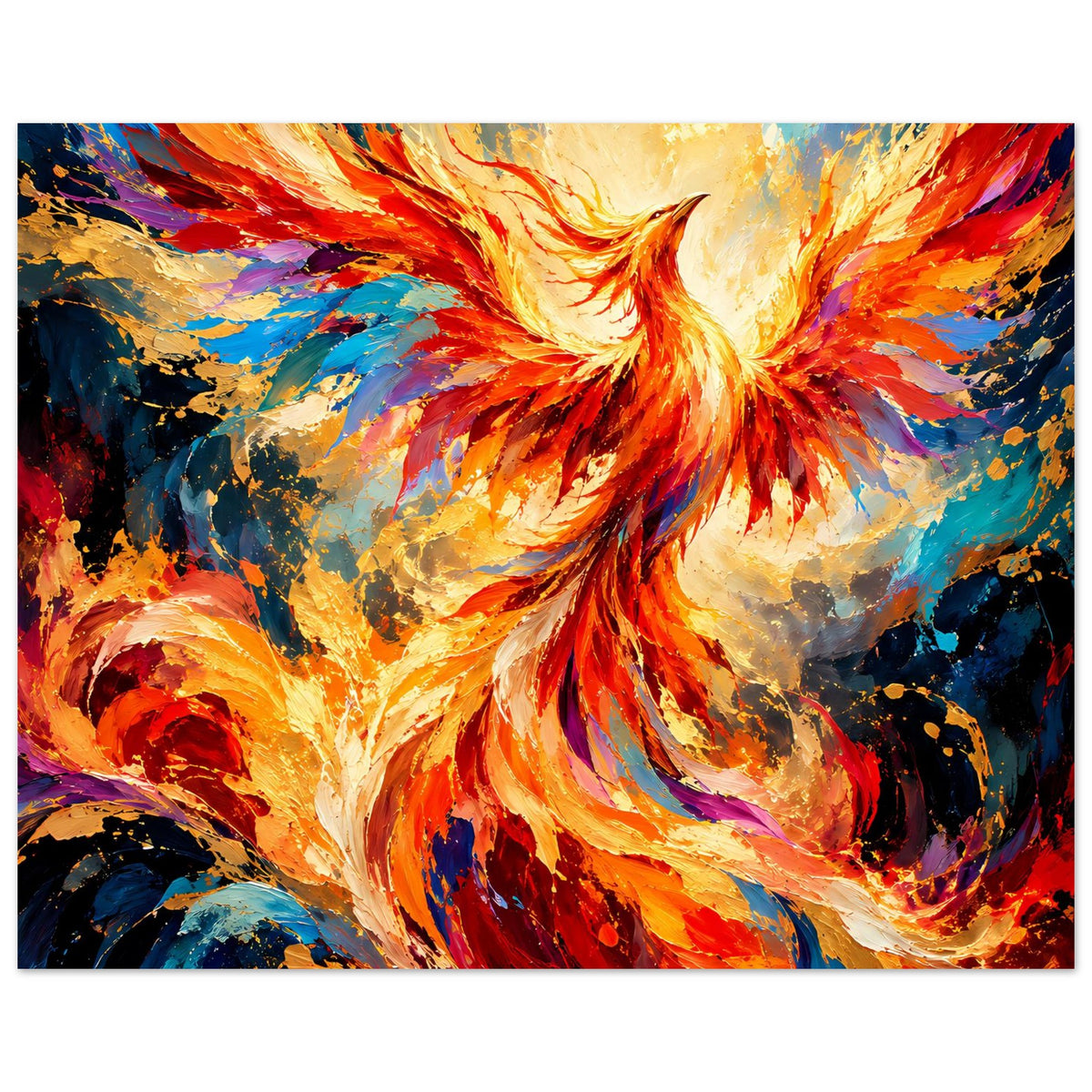 Leuchtendes Phönix-Porträt als Premium-Poster, zentrierte Flammenflügel in leuchtenden Farben