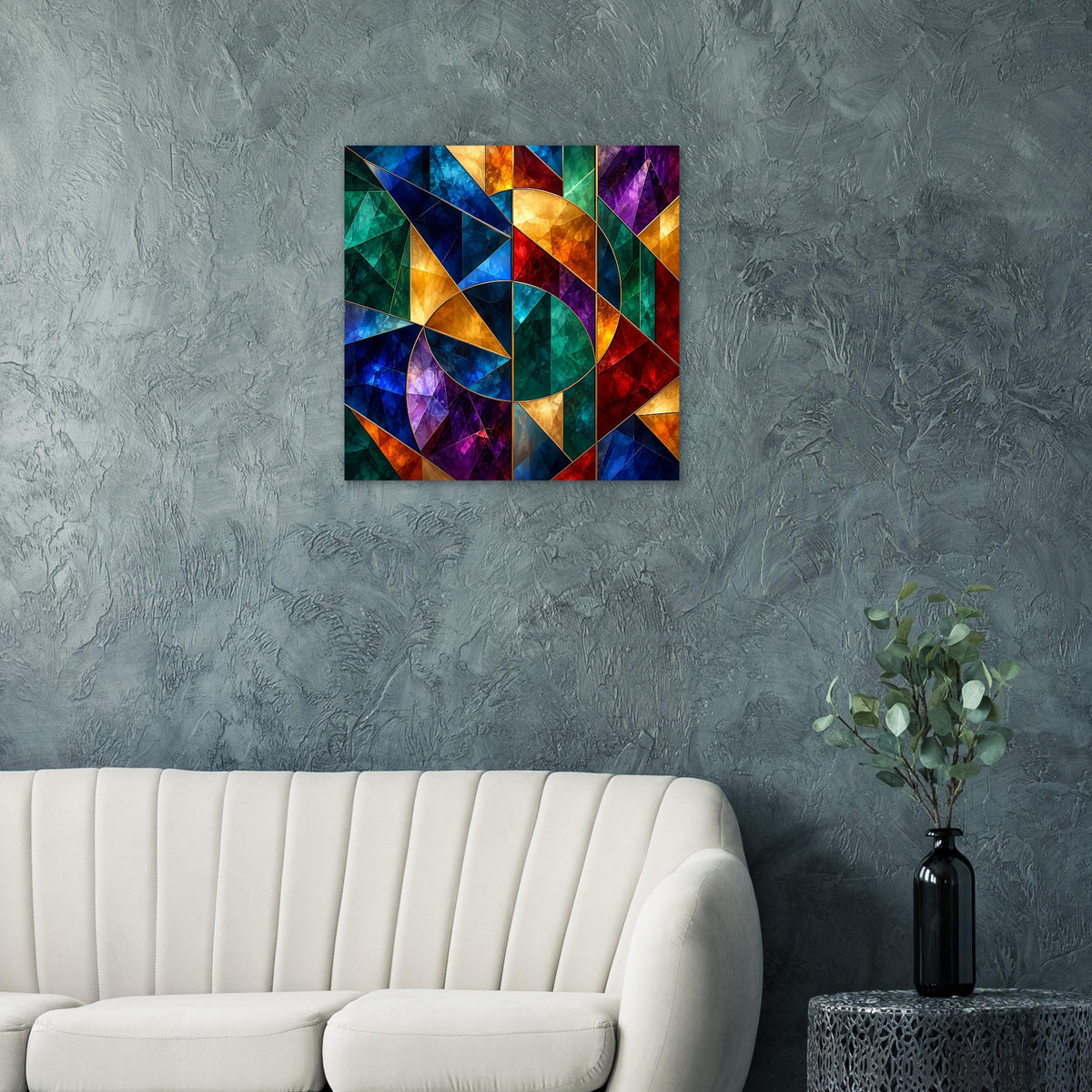 Quadratisches Glasmalerei-Poster mit geometrischem Muster in kräftigem Blau-, Grün- und Rottönen