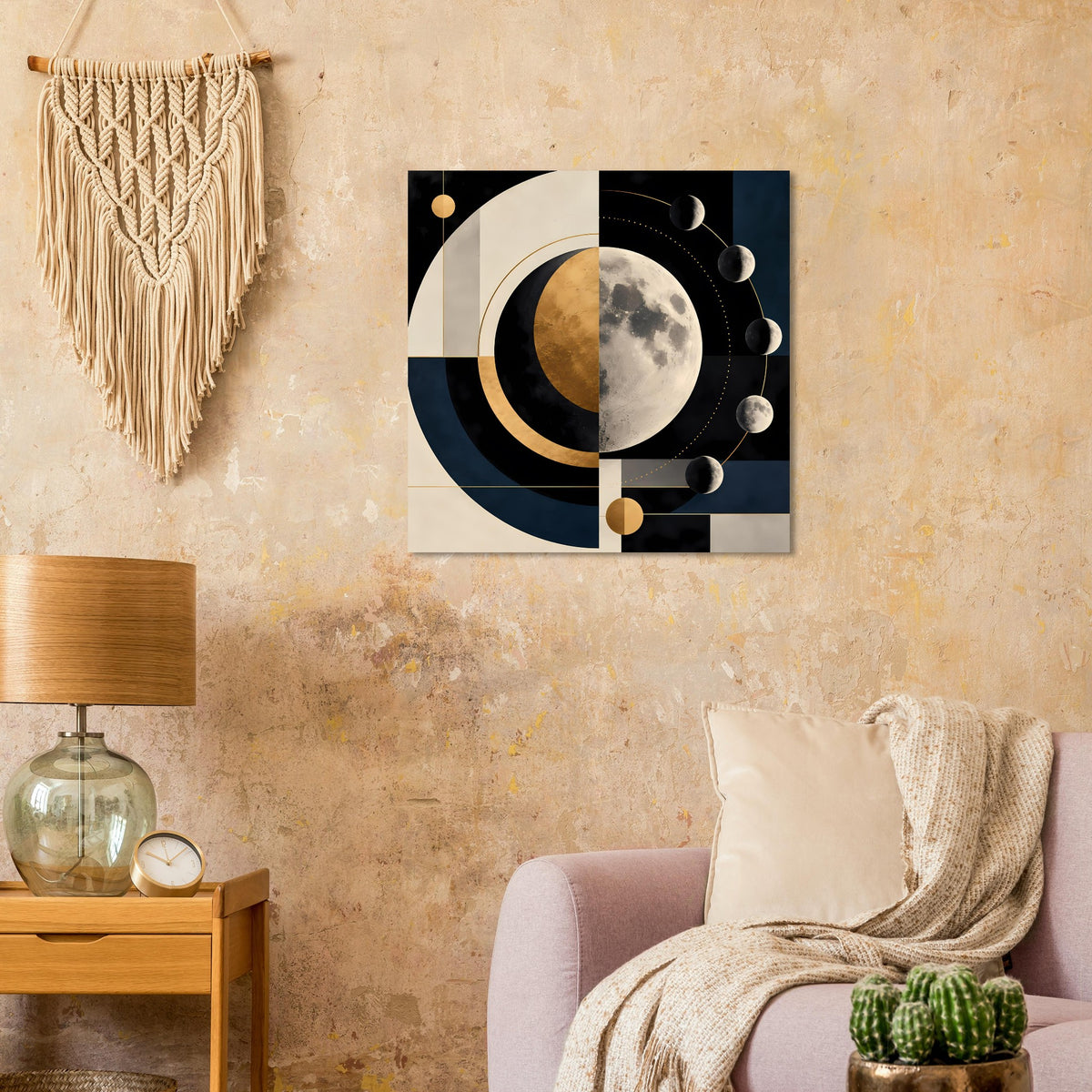 Quadratischer Kunstdruck im Rahmen mit abstraktem Mond aus Halbkreisen, goldbraunen Linien und Kreisen
