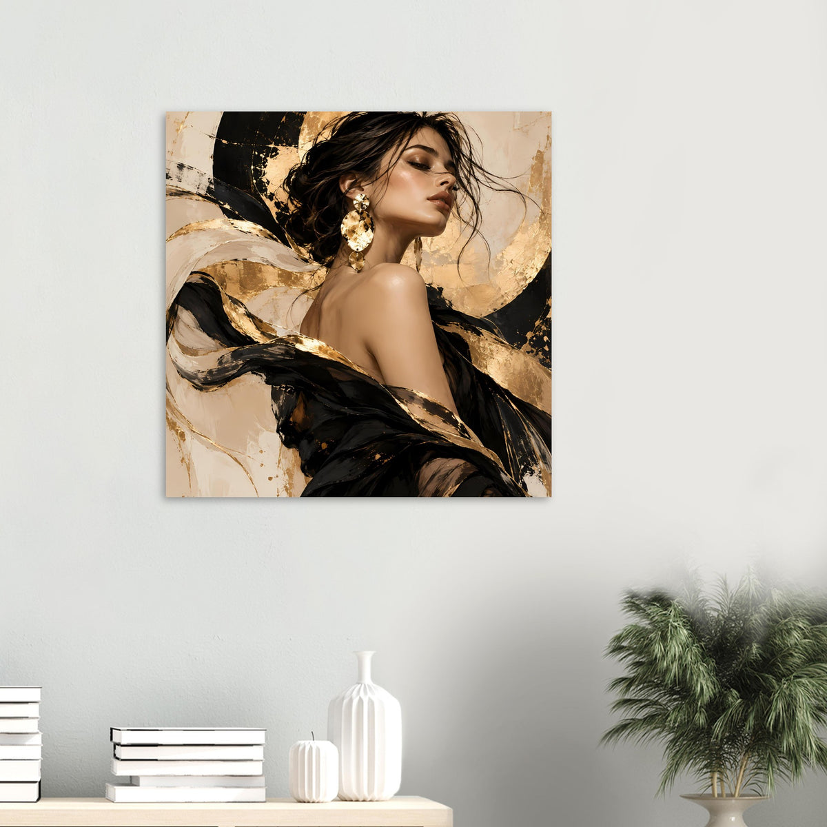 Kleines Frauenportrait-Poster mit Profilansicht, schwarzen und goldenen Farbfeldern, goldenen Ohrringen