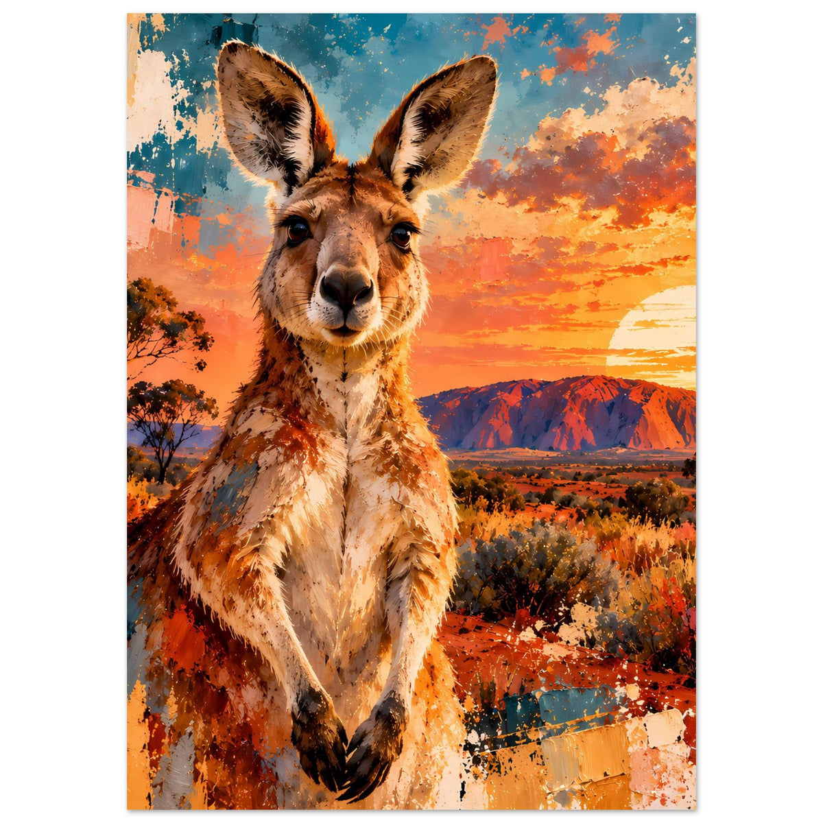 Poster mit Känguru bei Sonnenuntergang auf mattem Premium-Papier, hochkant